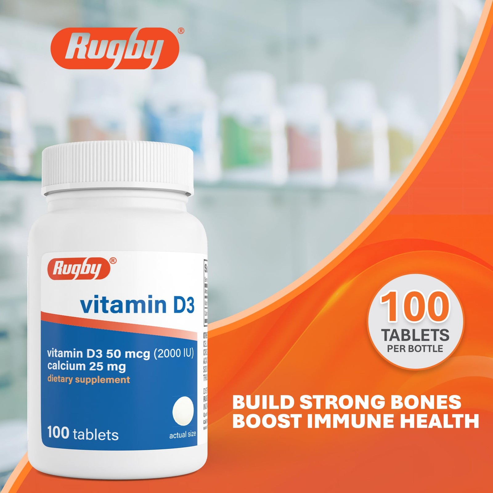 Rugby Vitamin D3 2000 IU (50 mcg) – 100 Count (Pack of 1), Natural Clear