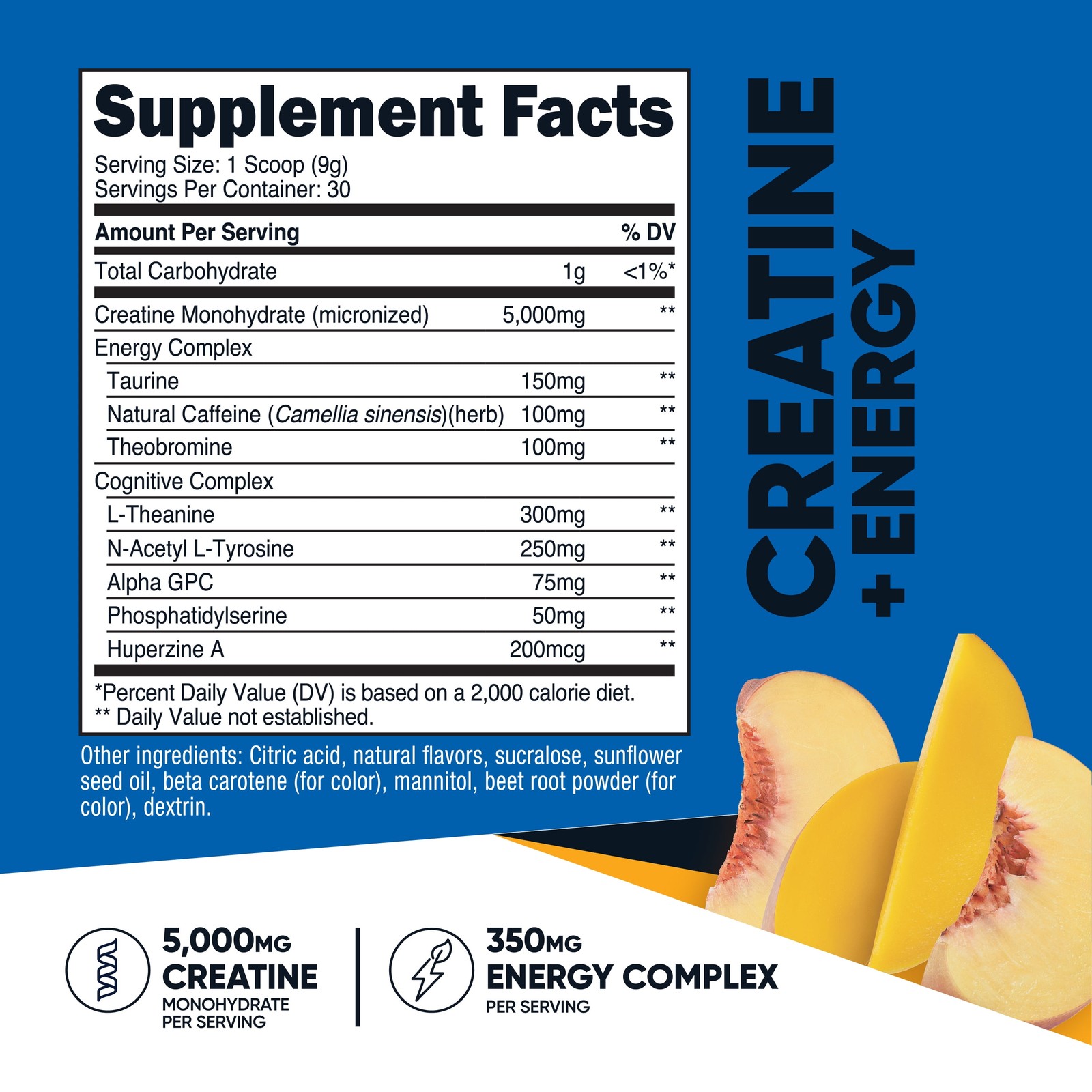 Creatine + Energy 30 Servings (Peach Mango Flavored) – 5,000Mg Creatine Monohydr