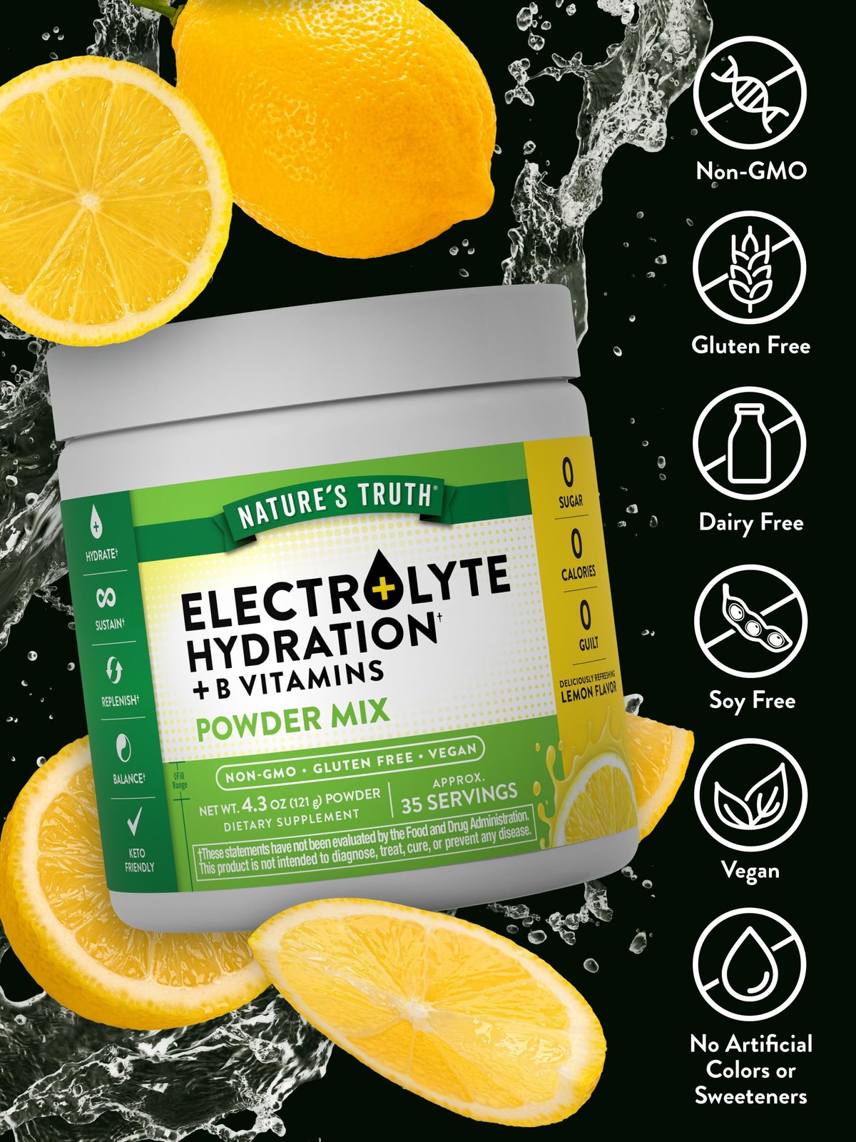 Nature’s Truth Electrolytes Powder | No Sugar | with B 4.3 Ounce (Pack of 1)
