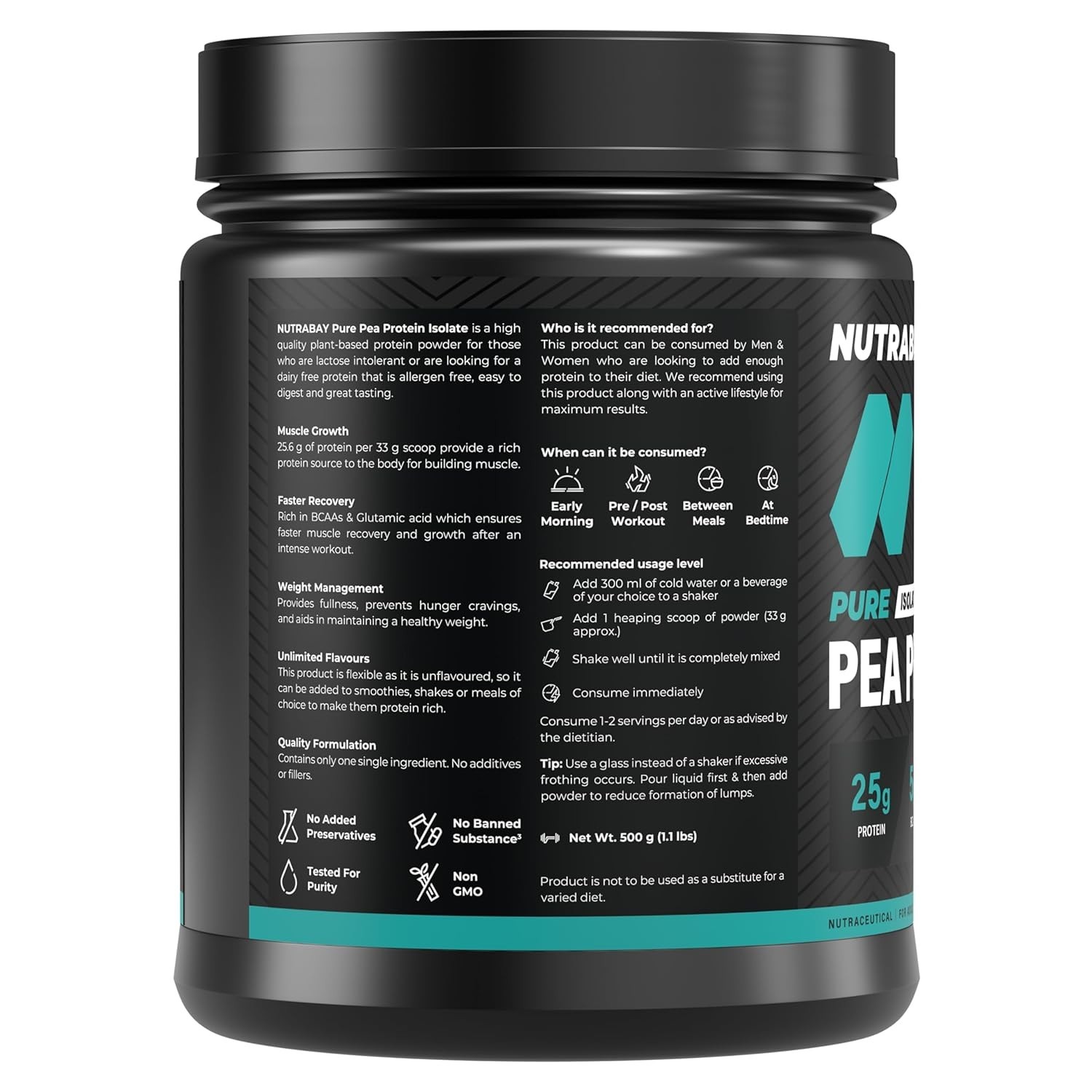 Pure Pea Protein Isolate – 25.3g Protein, 5g BCAA -500g Unflavoured, 15 Servings
