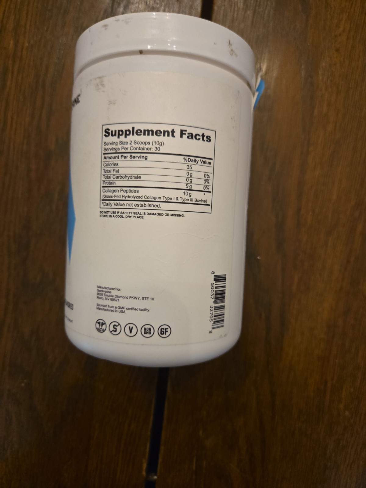 SWOLVERINE Grass-Fed Hydrolyzed Collagen Peptides Powder Unflavored 10.58 oz