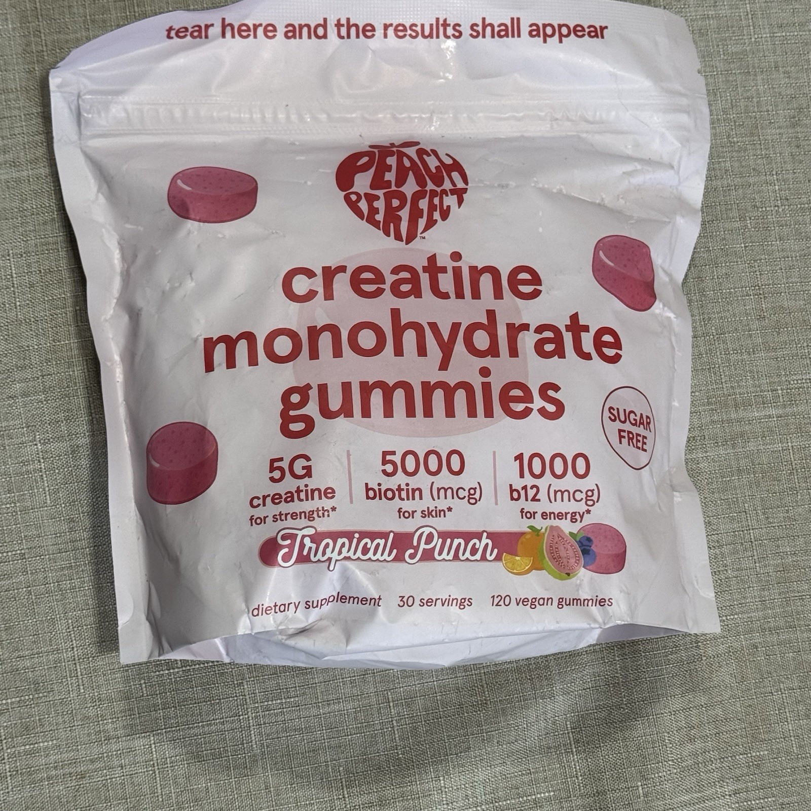 Peach Perfect Creatine Monohydrate Gummies, 120 tropical fruit gummies. Exp 7/27