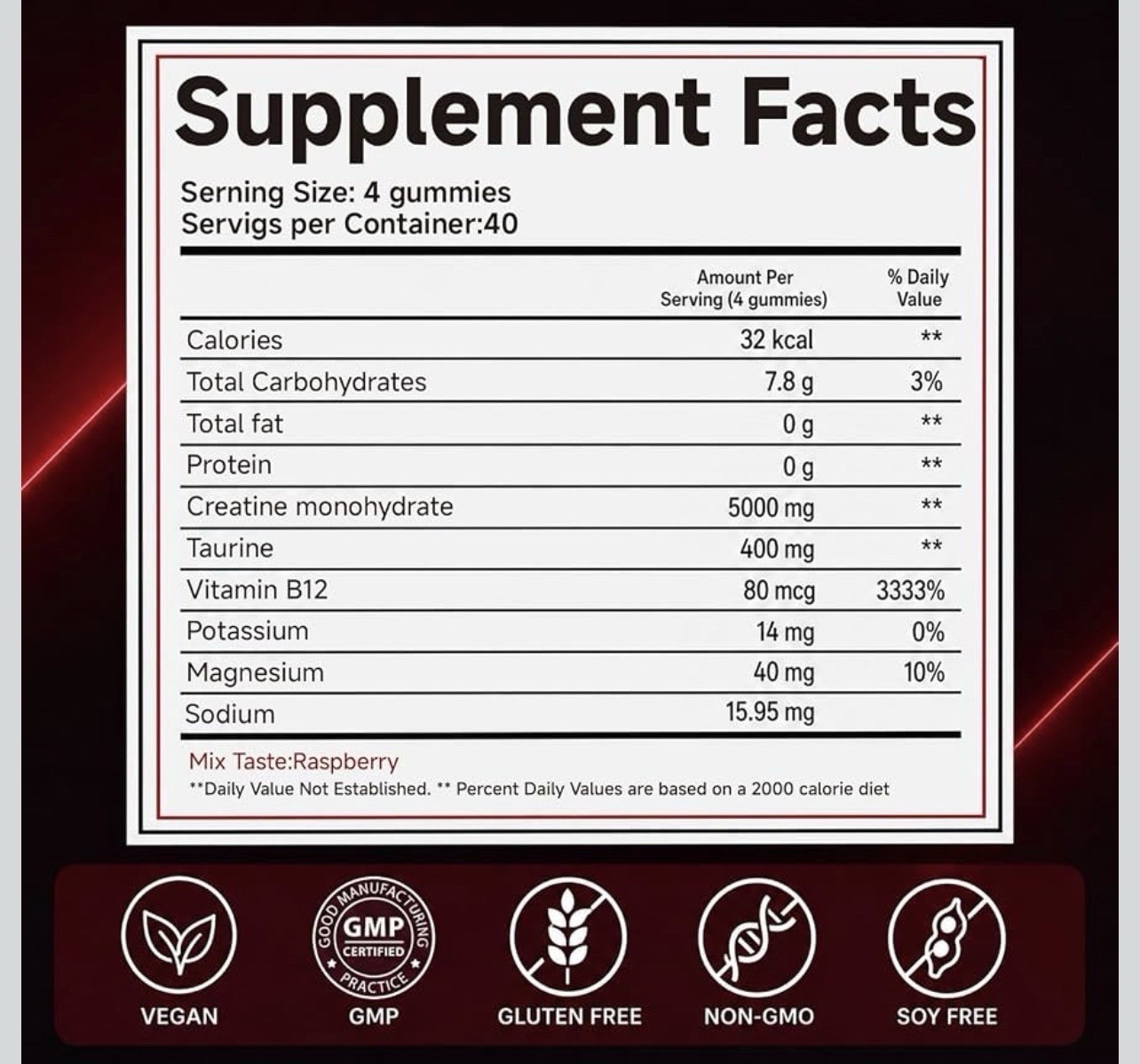 GABE Sunnybears Creatine Monohydrate Gummies NSF/GMP Vegan Raspberry 160