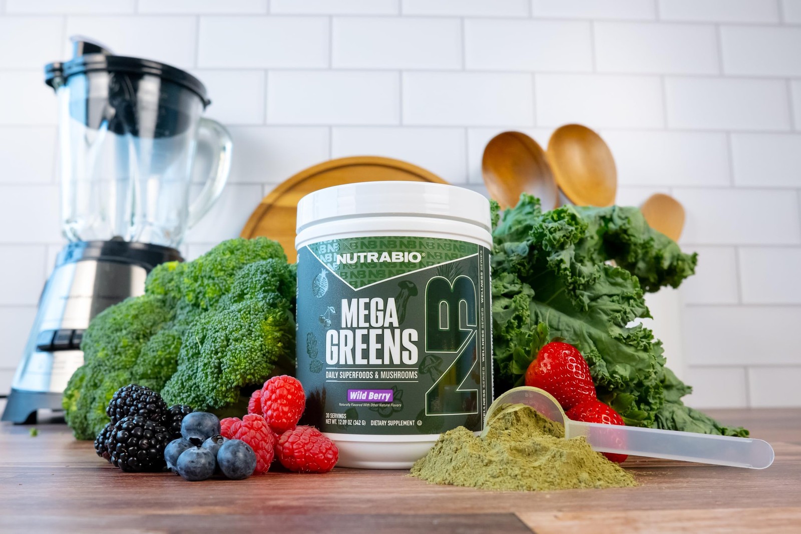 NutraBio Mega Greens Super Greens Powder Wild Berry 30 Servings