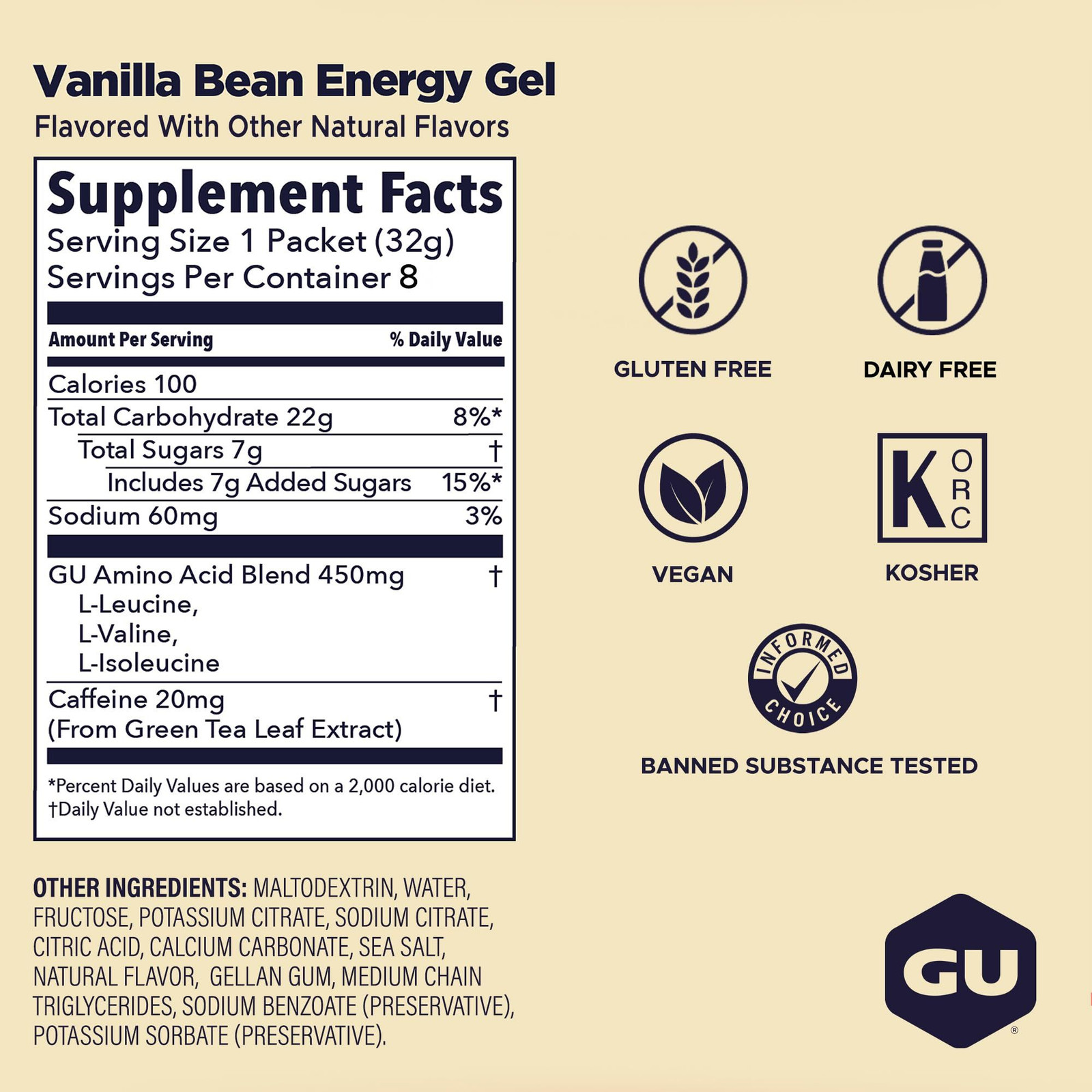 GU Energy Original Sports Nutrition 1 Fl Oz (Pack of 8), Vanilla Bean