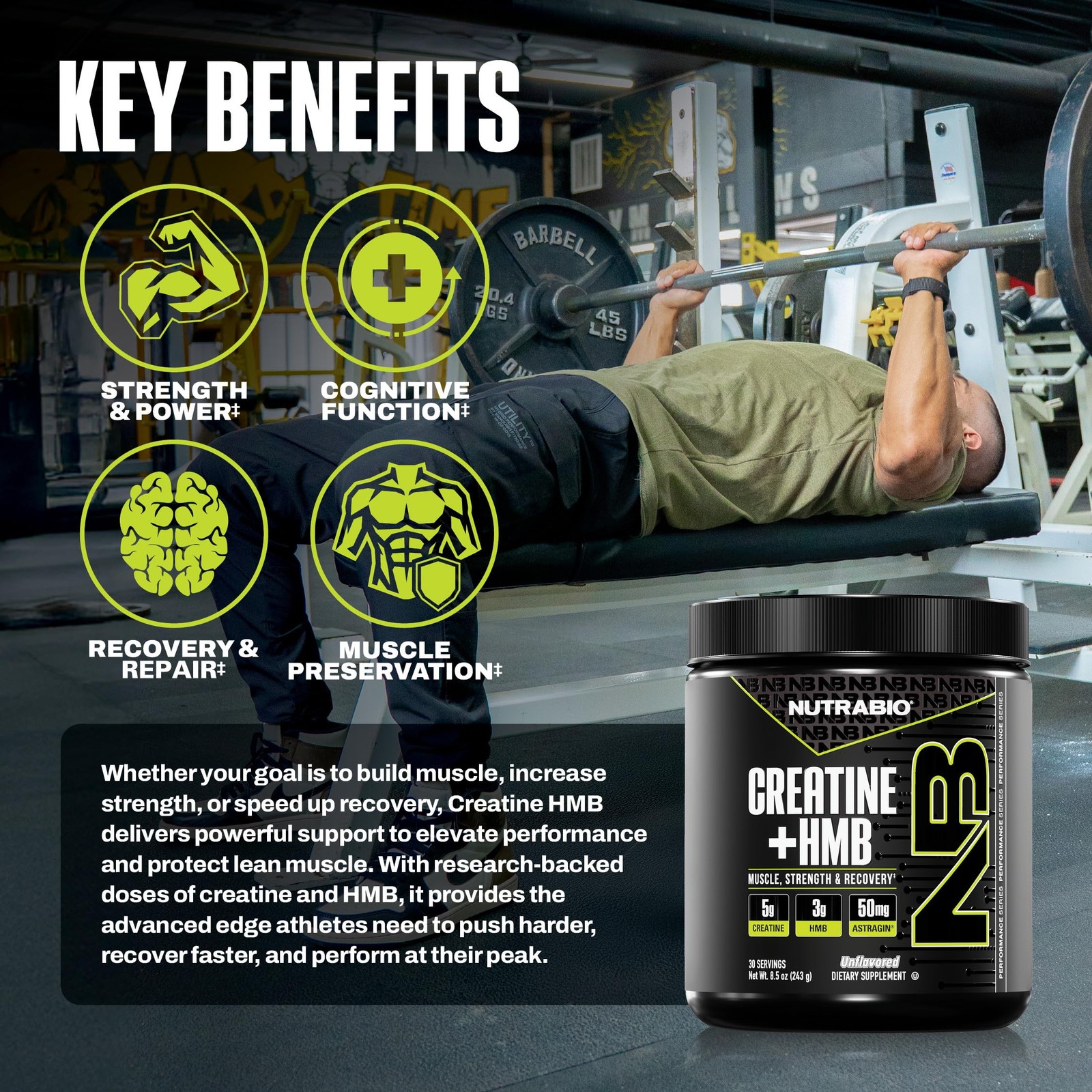 NutraBio Creatine + HMB- Monohydrate 8.5 Ounce (Pack of 1), No Color