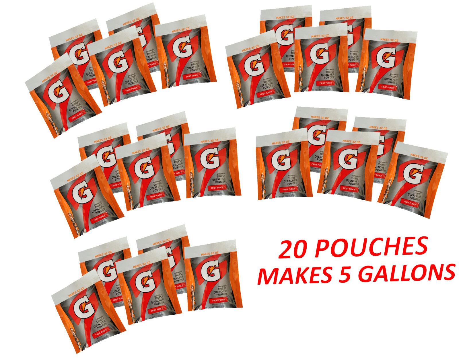 20 Pouches Gatorade Thirst Quencher Powder Mix, Fruit Punch Flavor, Makes 5 Gal.