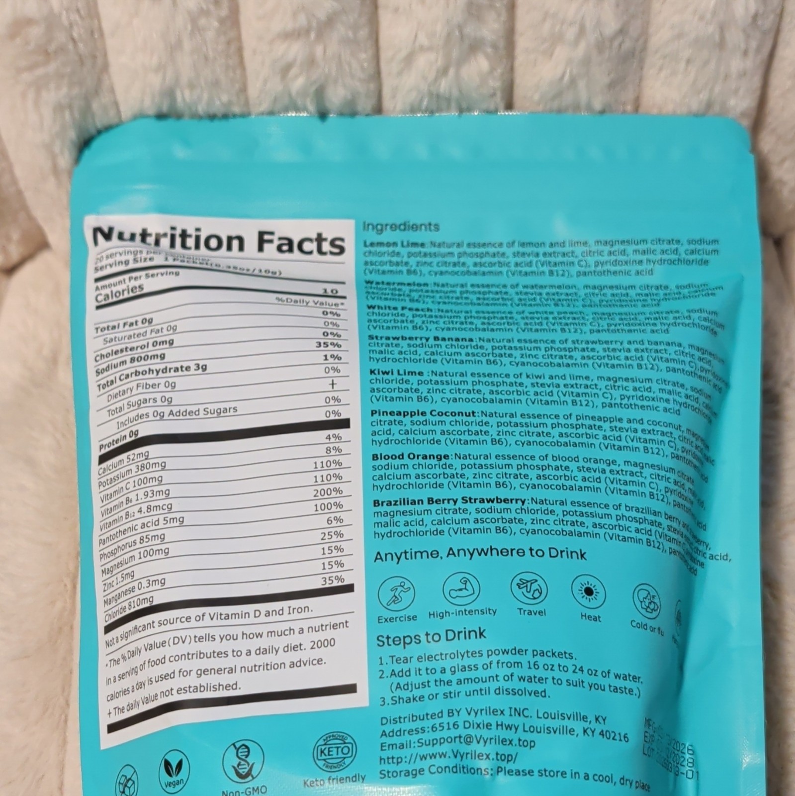 Vyrilex Electrolyte Hydration Powder Variety Pack 20 Sticks 7.05oz Sugar-Free