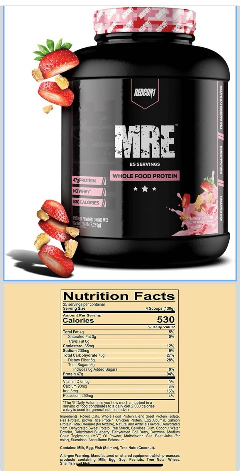 REDCON1 MRE MEAL REPLACEMENT Whole Food Protein 7lb No Whey 47g Protein 75g Carb