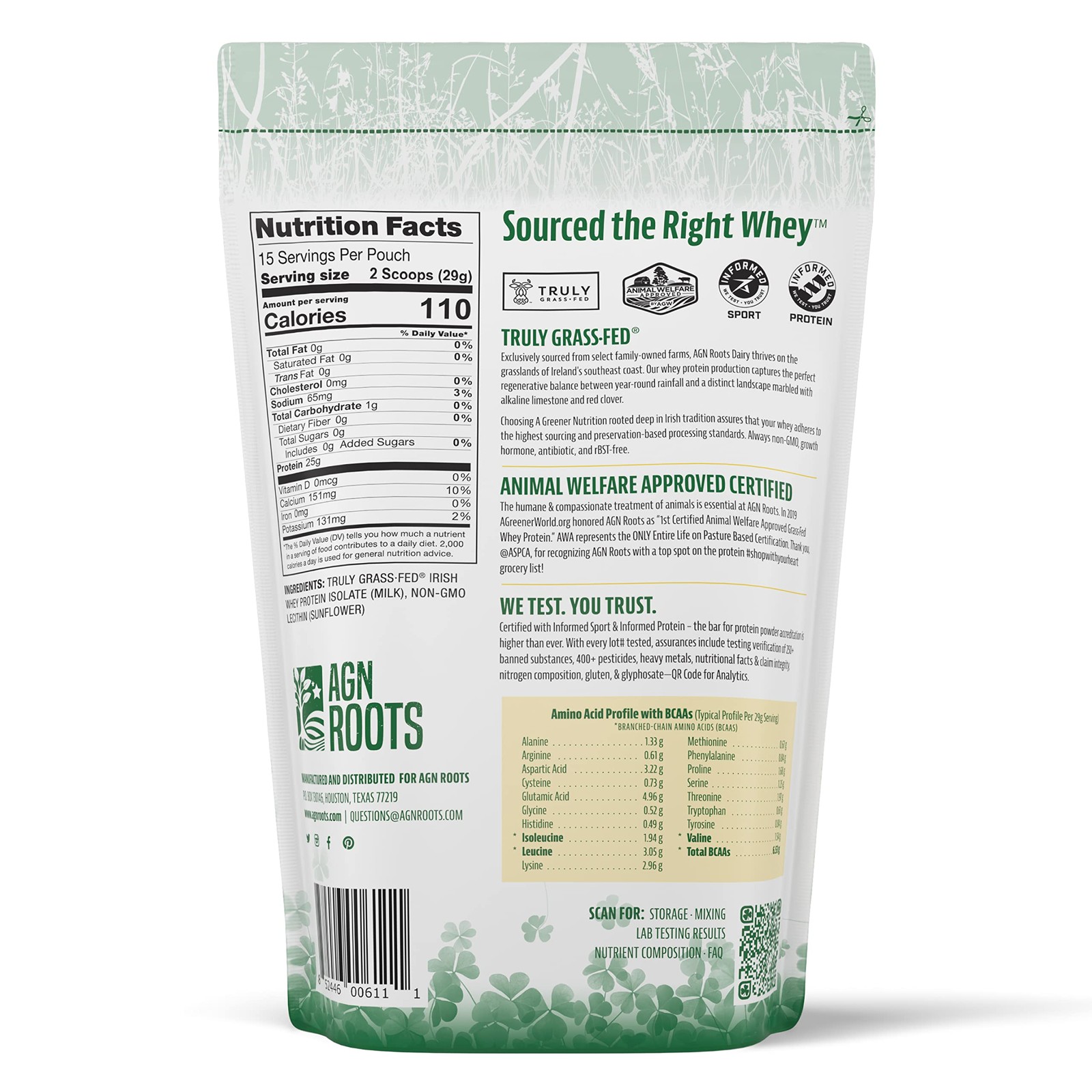 AGN Roots Grass Fed Whey Protein Isolate Unflavored Unsweetened 1 lb