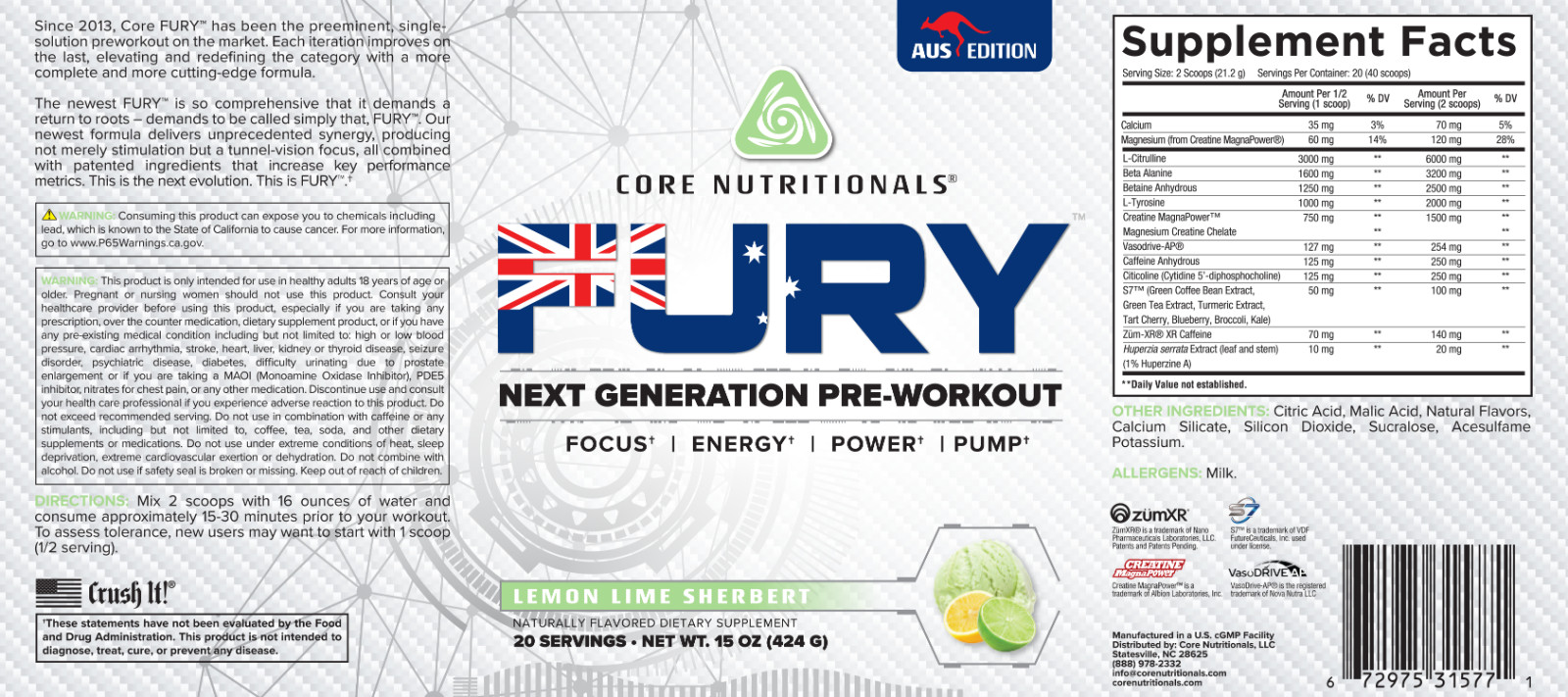 Core Nutritionals FURY Preworkout (Lemon Lime Sherbert) Power | Pump | Energy