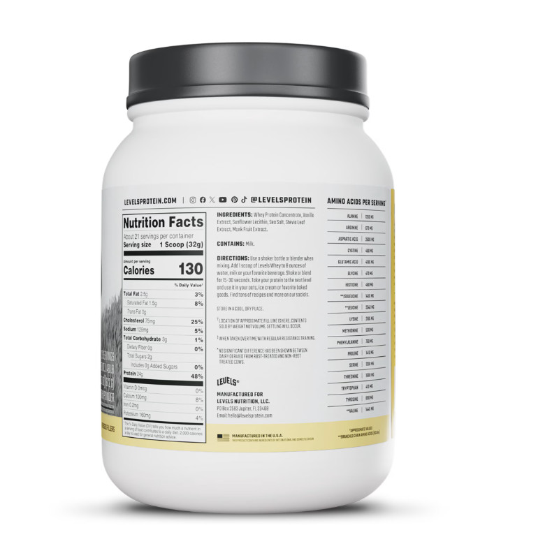 Levels Grass Fed Whey Protein Vanilla Bean 1.48lb 24g Protein