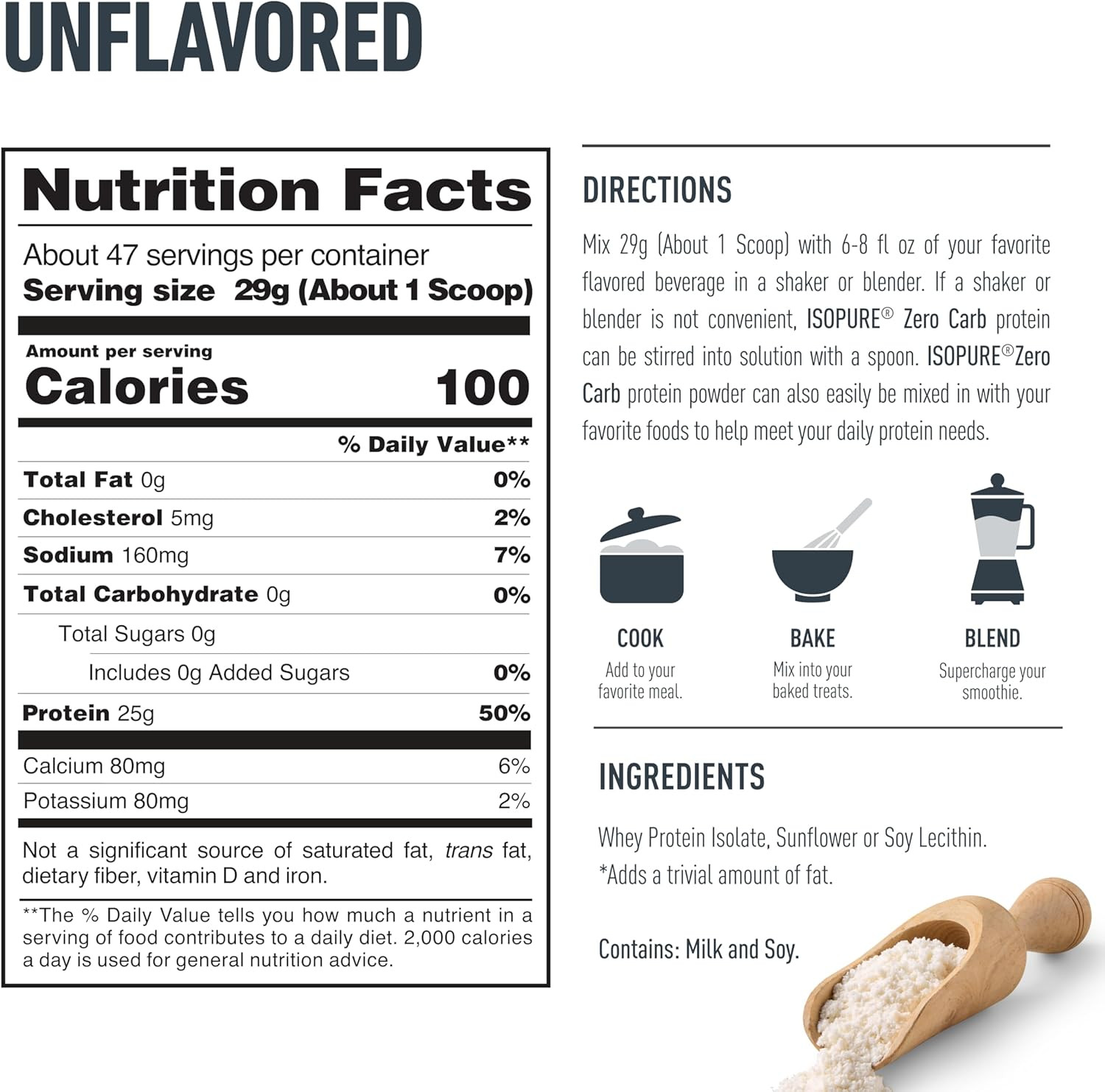 Zero Carb 100% Pure Whey Isolate Protein Powder, Lactose Free, Gluten Free, With