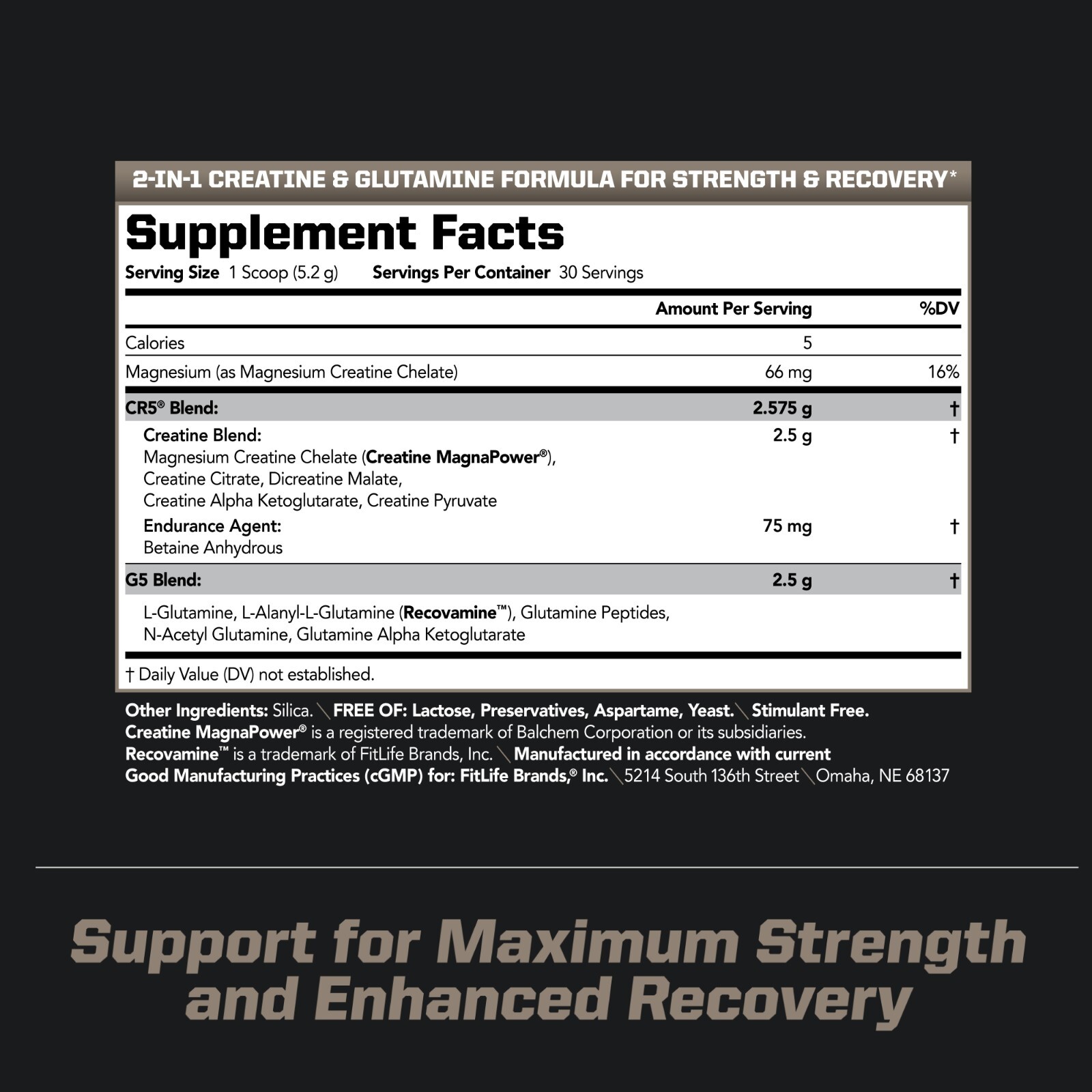 CG5 – Creatine/Glutamine Powder – Strength, Power & Recovery-Unflavored 30 serve