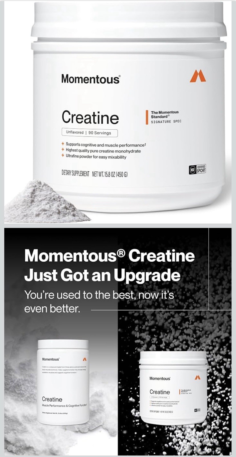 Momentous Creatine Monohydrate Powder Unflavored Vegan 15.8 oz 90 Serv