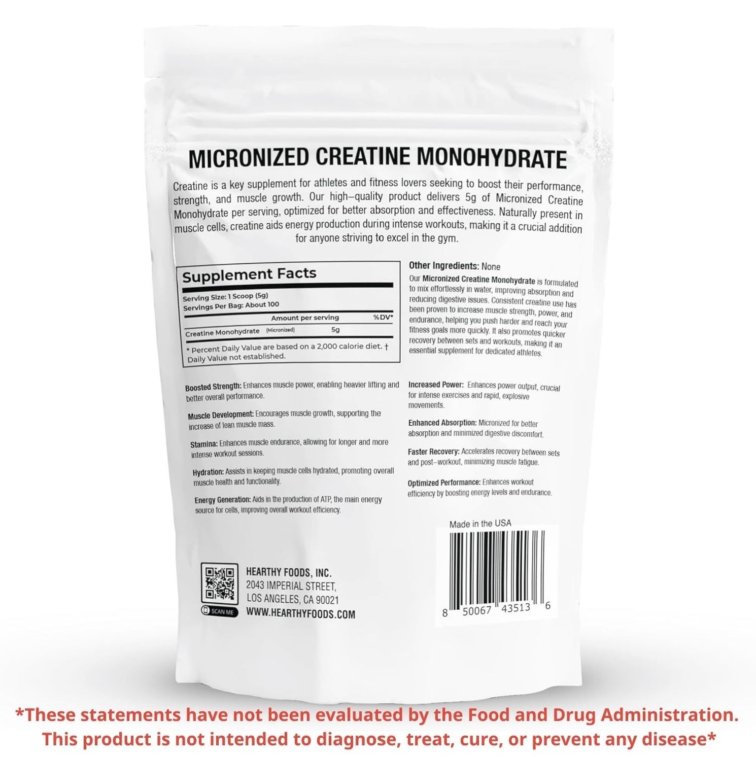 Monohidrato de Creatina en Polvo Micronizado 500 g, 100 Raciones, Sin Sabor