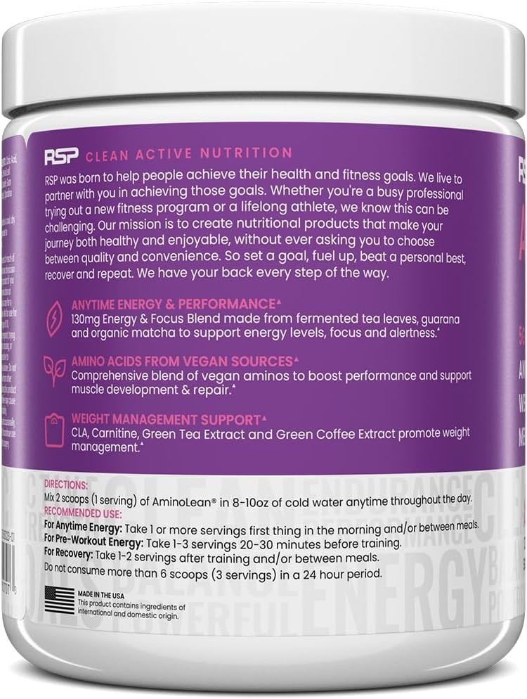 Naturally Sweetened AminoLean Pre Workout – Acai Flavor, 25 Servings, Zero Sugar