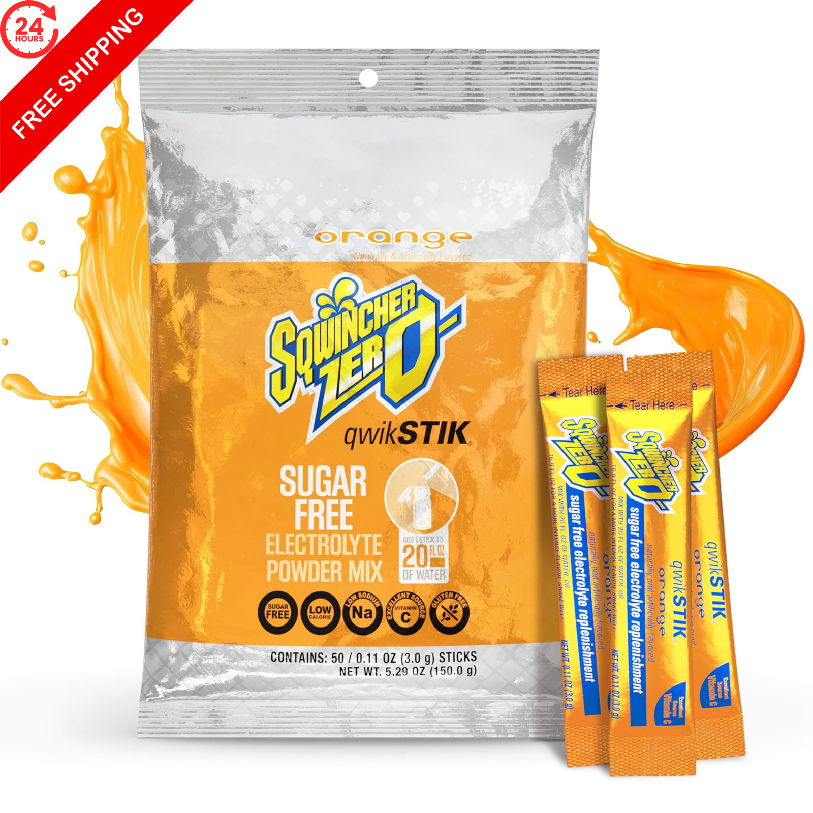 Sqwincher Zero Qwik Stik, Orange, Sugar Free, Low 0.11 Ounce (Pack of 50)