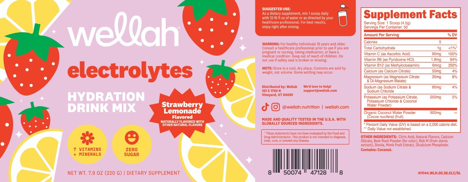 Wellah Electrolytes Powder (Strawberry Lemonade) 50 Servings – Hydration Drink
