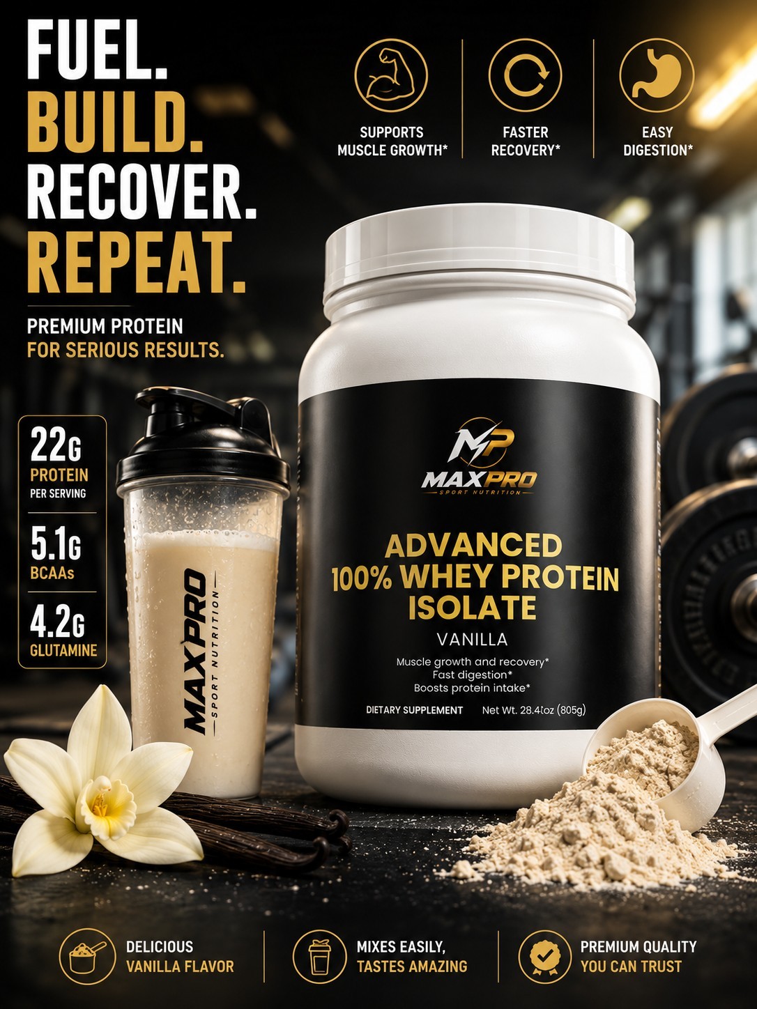 Whey Protein Isolate Vanilla Powder 28.4oz High Protein Muscle Recovery