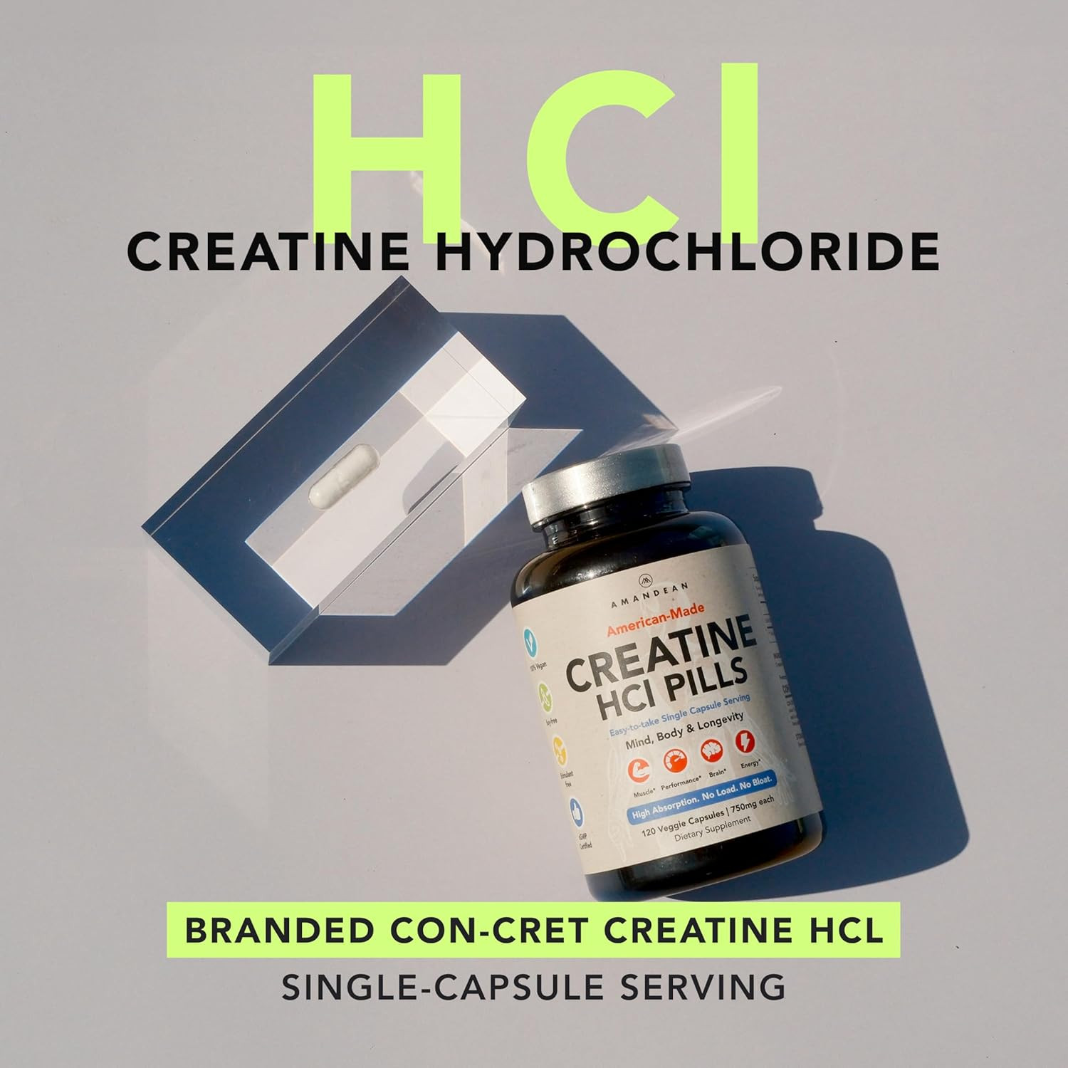 Creatine Hcl Pills. American Made CON-CRET. 120 Capsules, 4-Month Supply. 7X Con