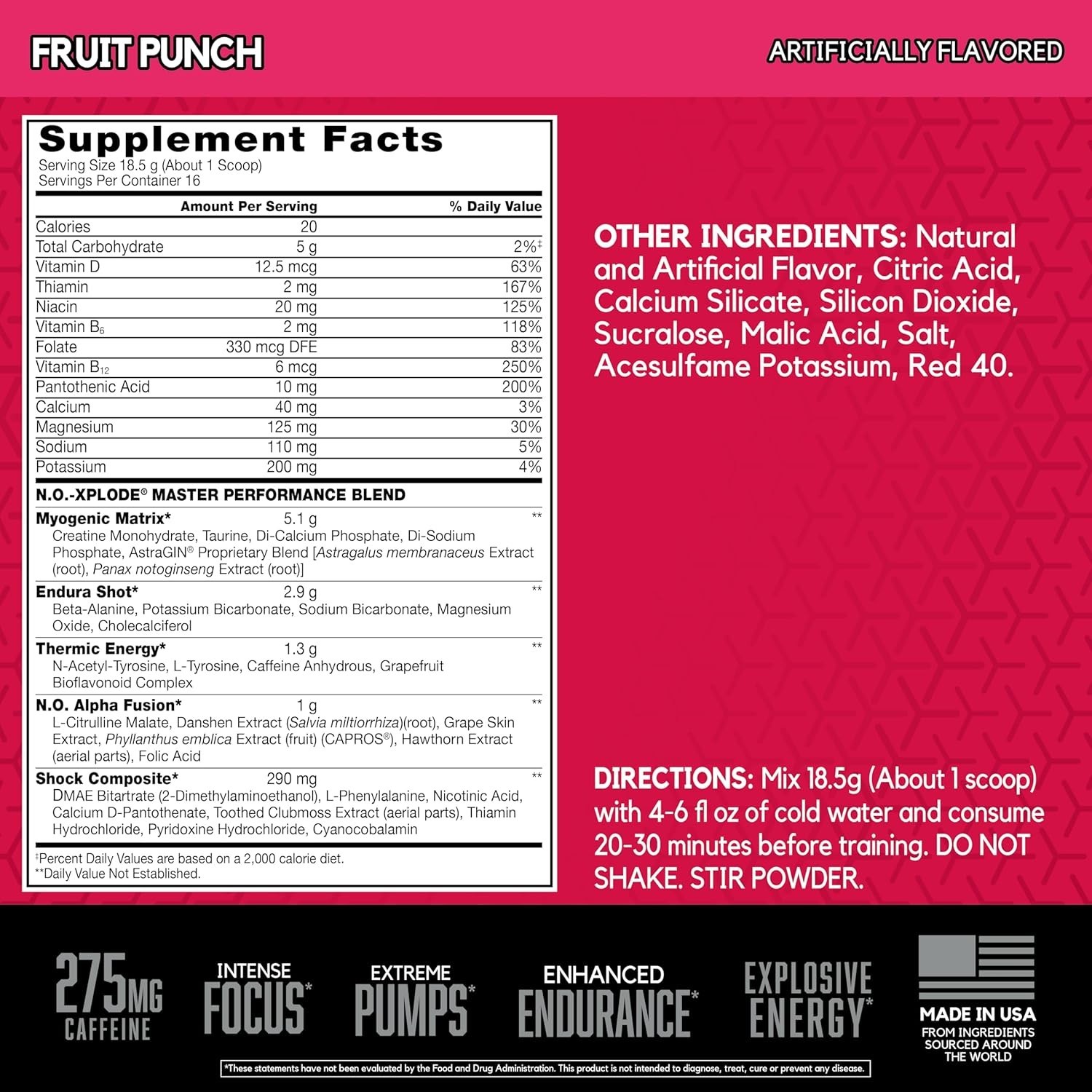 16 Servings N.O.-XPLODE Pre Workout Powder, Creatine & Beta-Alanine, Fruit Punch