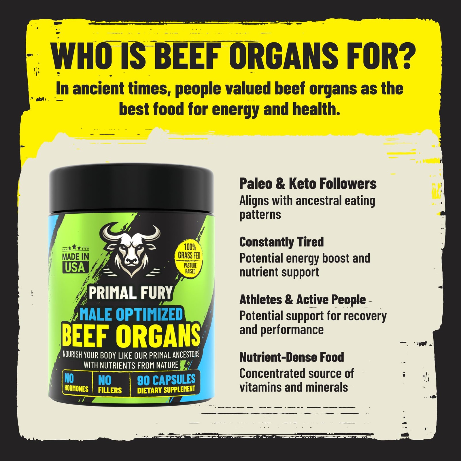 Grass Fed Beef Organ Supplement for Men – Male Optimization Pills – 90 Count