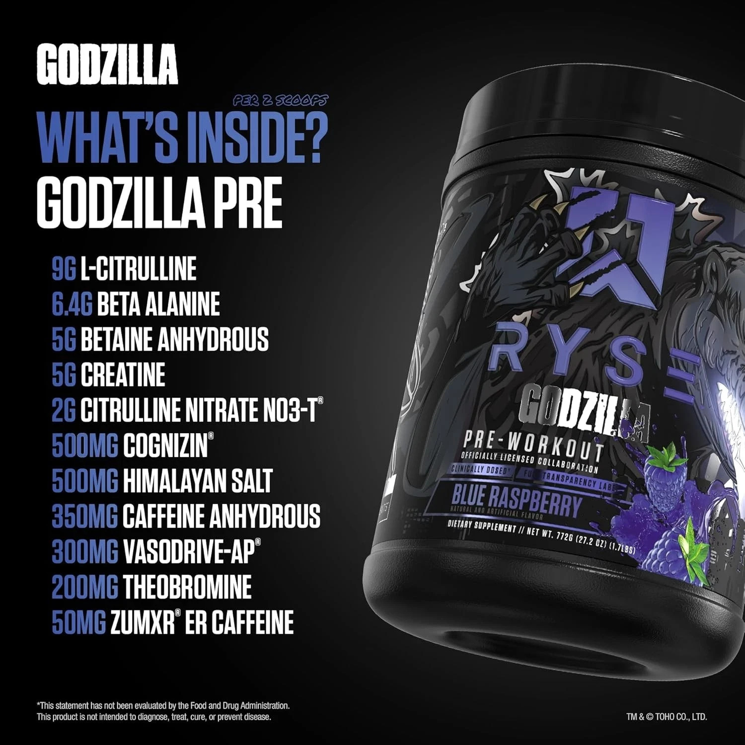 RYSE Godzilla Pre-Workout, Blue Raspberry 772g