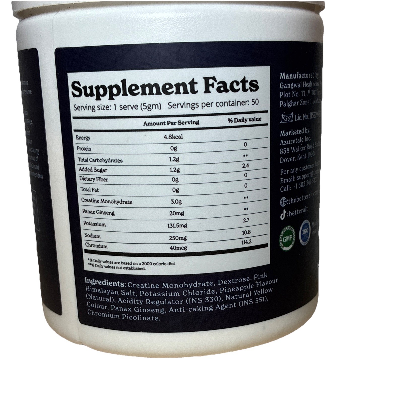 BetterAlt Creatine Powder Non-GMO Gluten-Free Pineapple 8.8 oz (250 g)