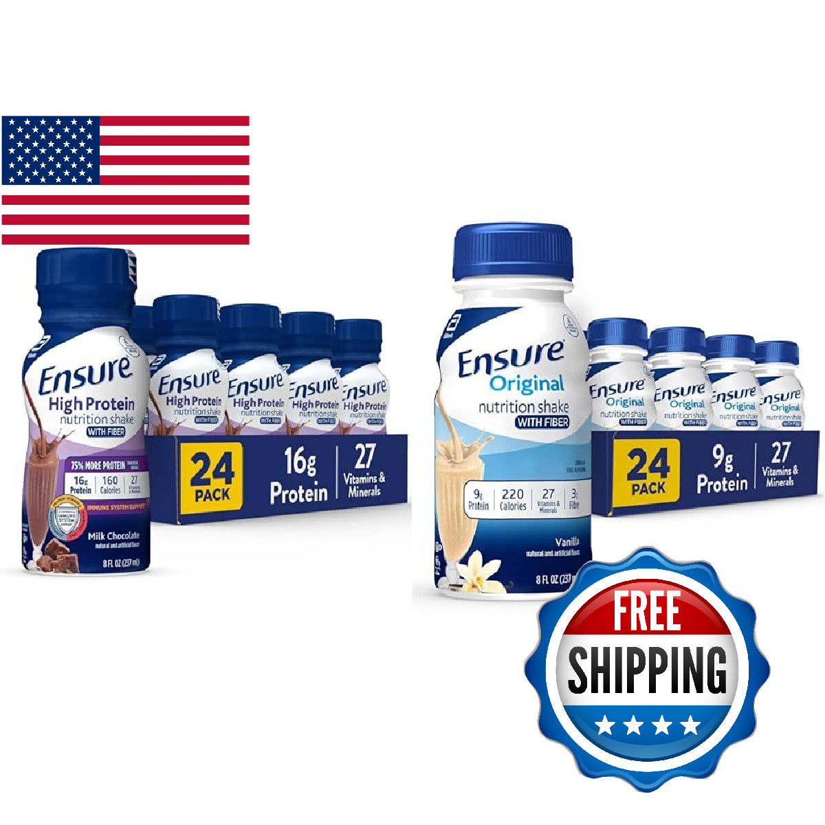 Ensure Original Vanilla Nutrition Shake w/ Fiber, Gluten-Free Meal Replacmnt 24P