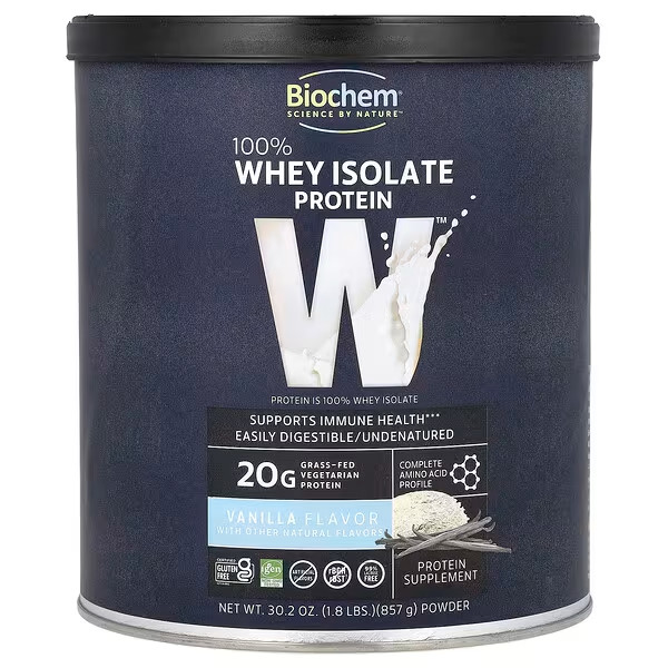 Biochem 100% Whey Protein Isolate Grass Fed Vanilla 857g/1.8 lb Each (Pack of 2)