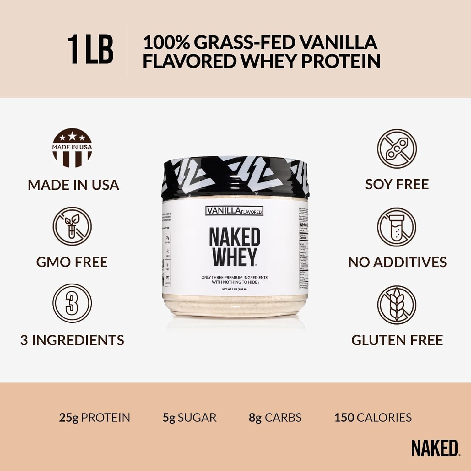 Naked Vanilla Whey Protein 1Lb – 3 Ingredients, All-Natural Grass-Fed Formula