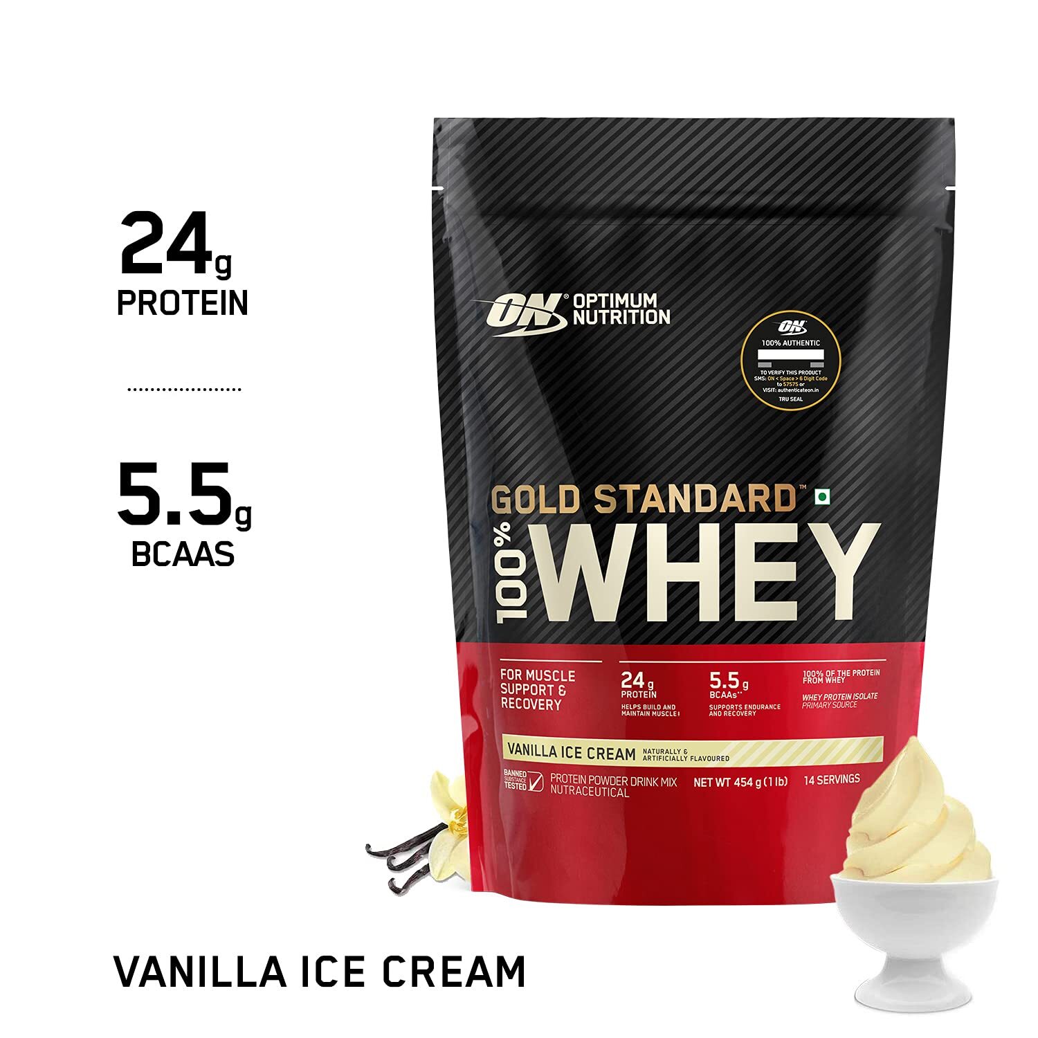 Optimum Nutrition (ON) Gold Standard 100% Whey Protein Powder 1 lbs, 454 g