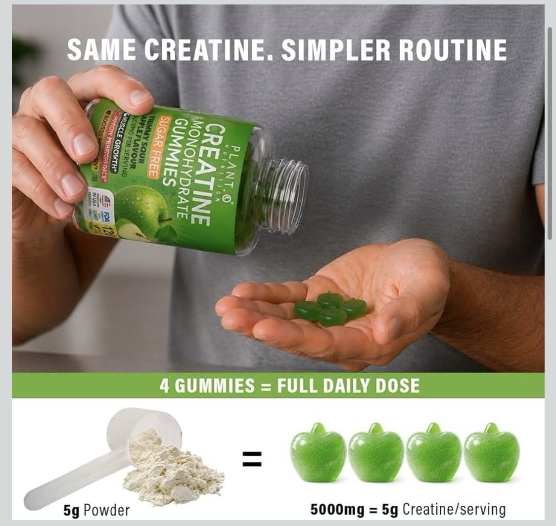 PLANT.O NUTRITION Creatine Monohydrate Gummies Sugar Free 120 Count Green Apple