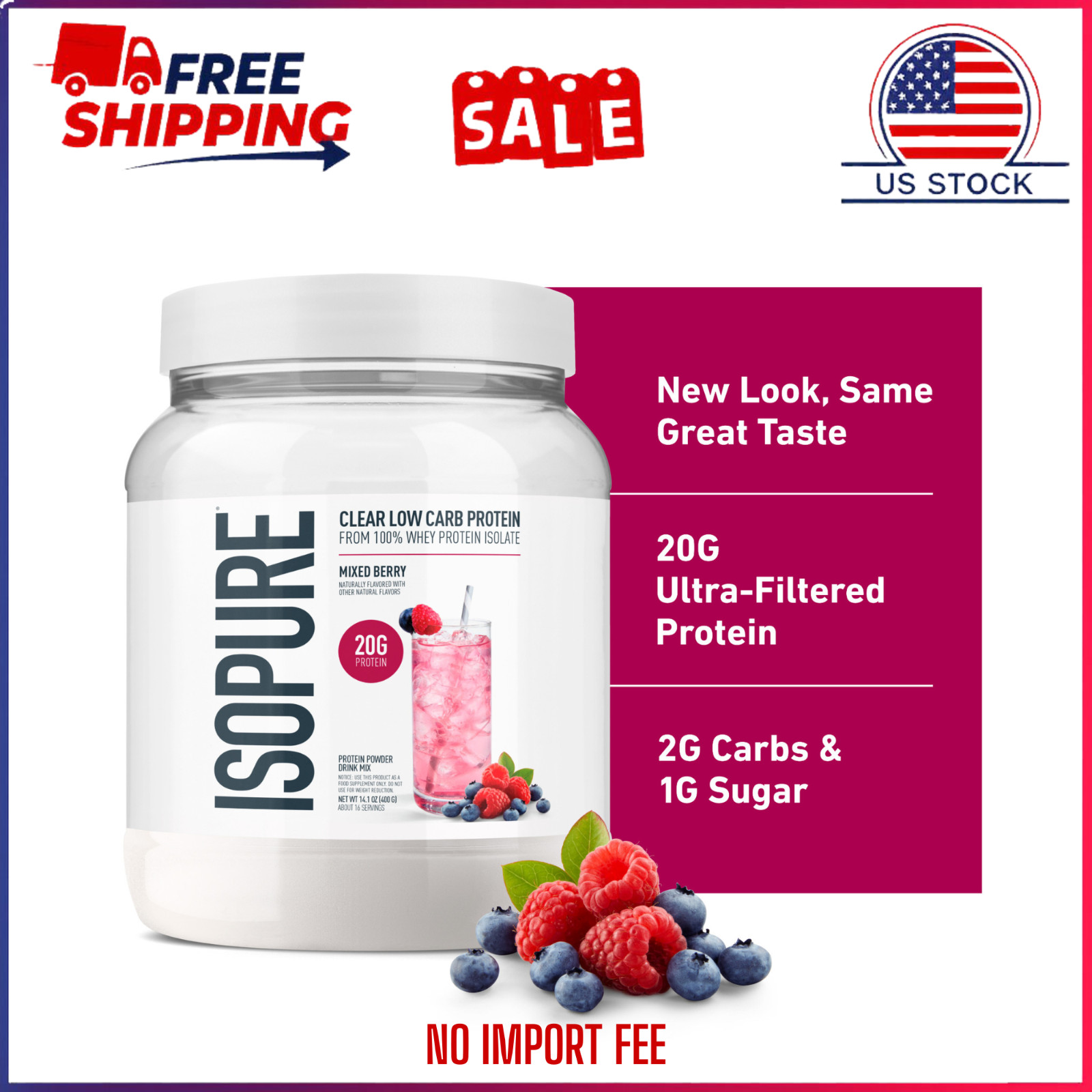 SALE ~ Isopure Clear Low Carb 100% Whey Protein Isolate Powder, Mixed Berry