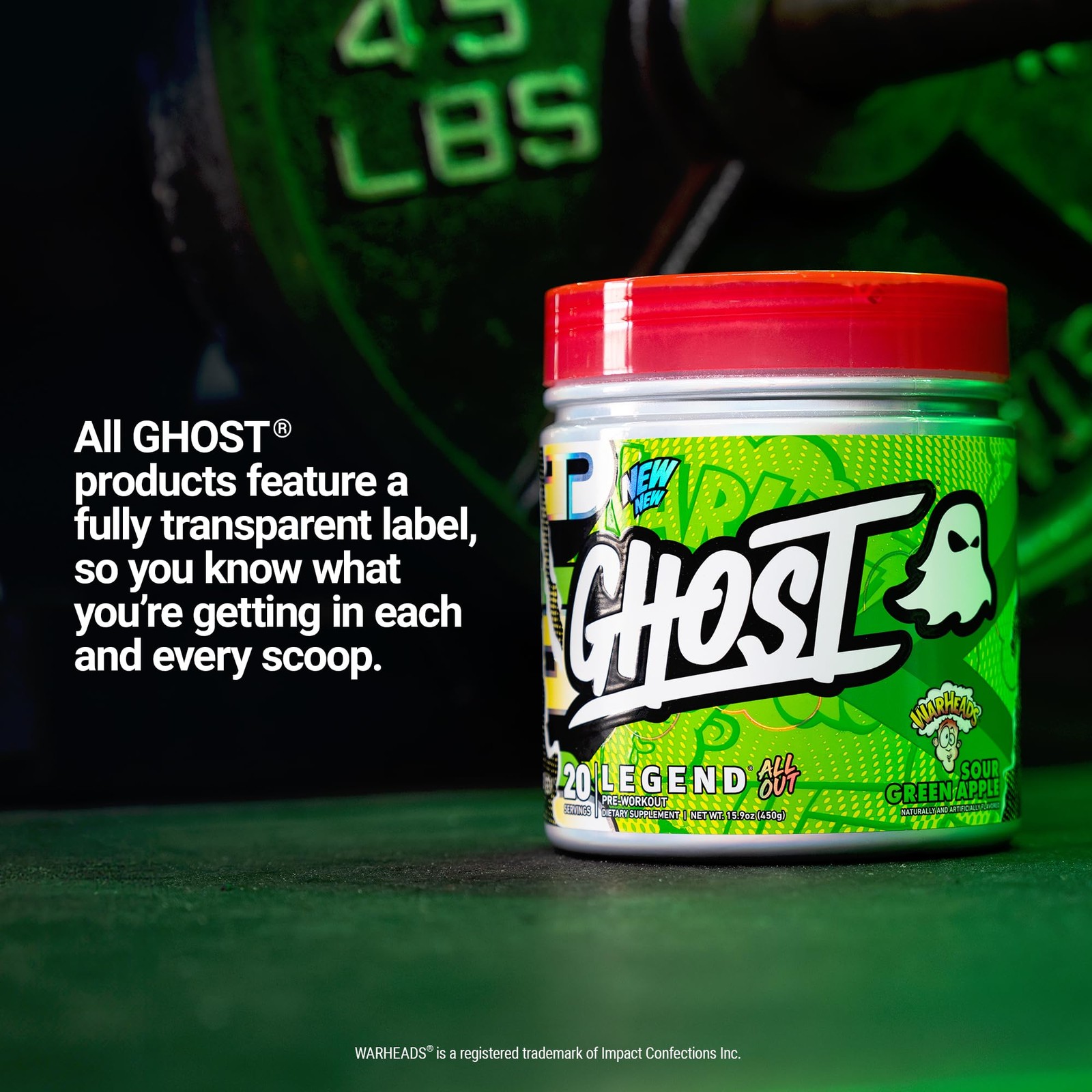 GHOST Legend All Out Pre Workout Powder Warheads Sour Green Apple 20 Servings