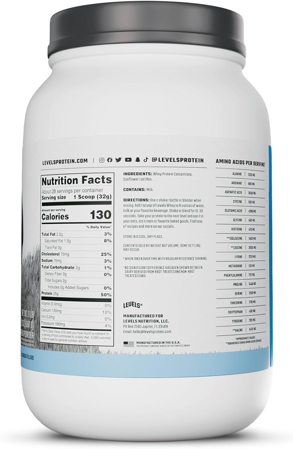 Levels Grass Fed Whey Protein Powder, No Artificials, 25G of Protein, Unflavore