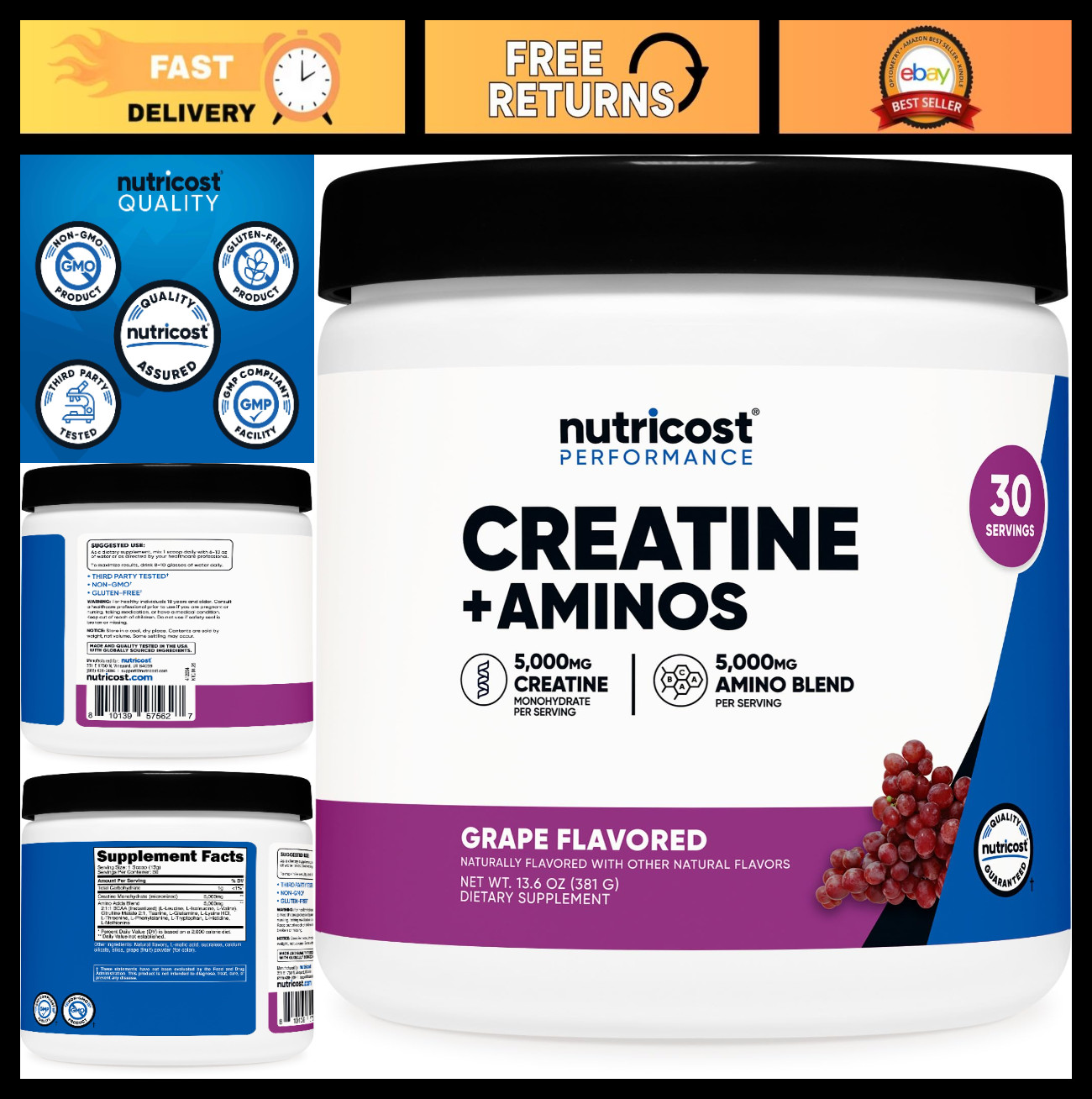 Creatine & Amino Acids Powder – Grape Flavor, 30 Servings, Gluten-Free, 5g Creat