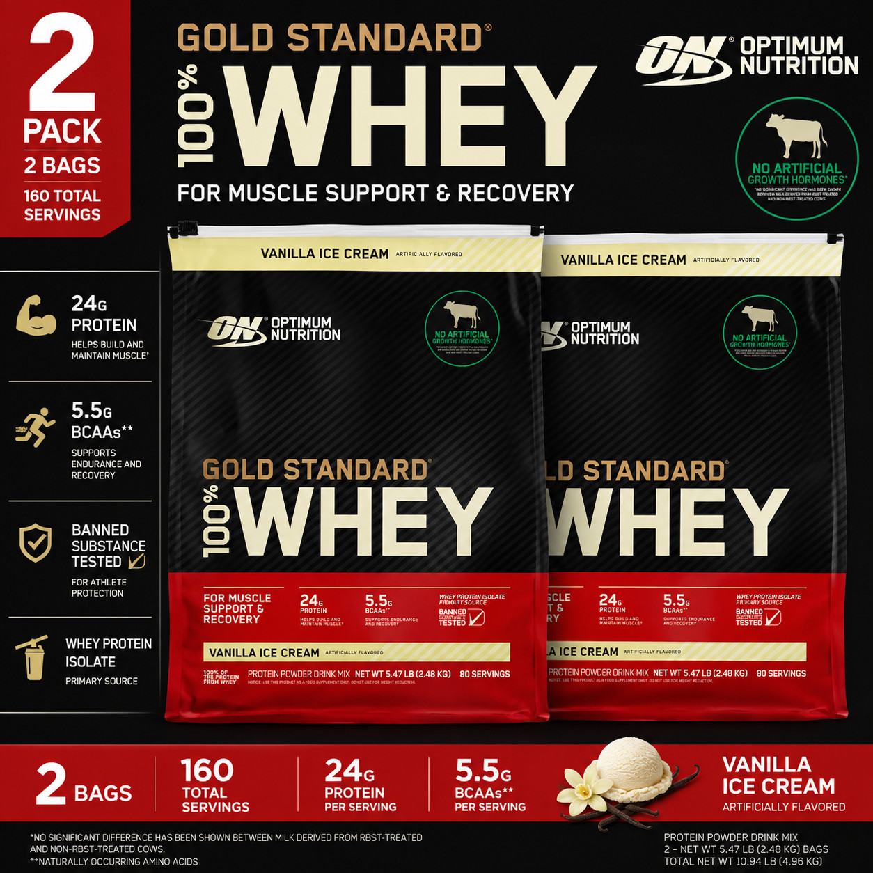 2-Pack Optimum Nutrition Gold Stnd 100% Whey Protein Powder Vanilla Ice Cream