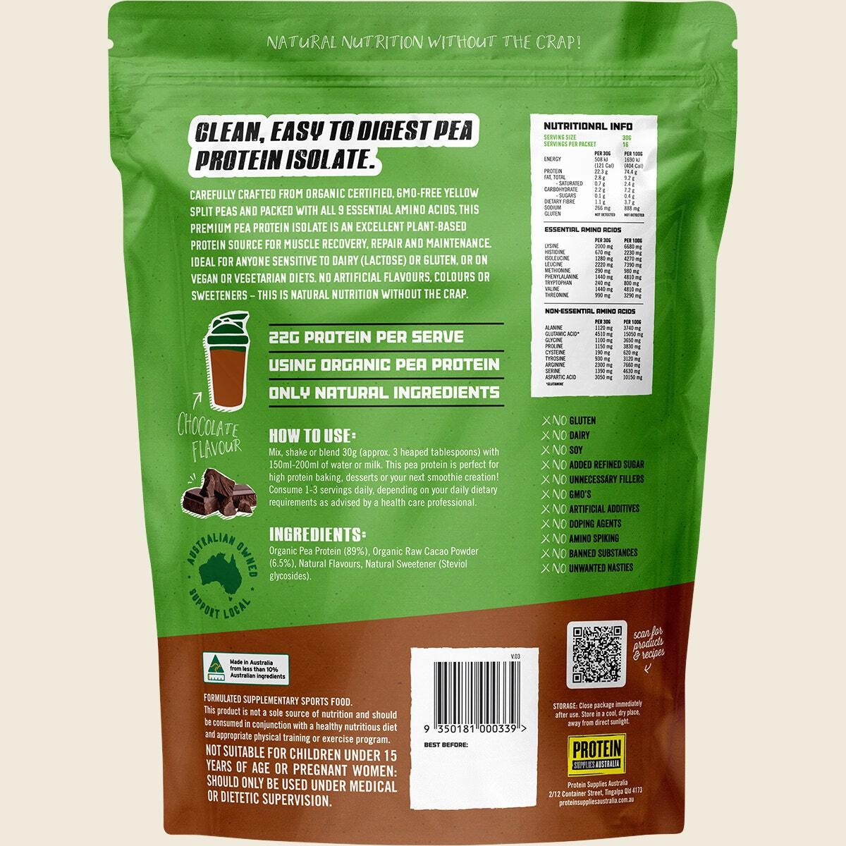 Protein Supplies Australia Pea Protein Isolate Chocolate 500g