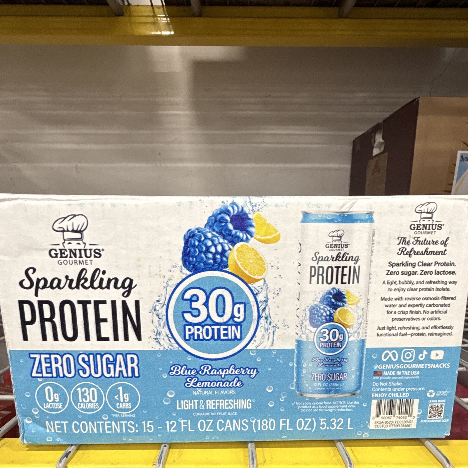 Genius Gourmet Sparkling Protein Blue Raspberry Lemonade 30g Zero Sugar 15x12oz