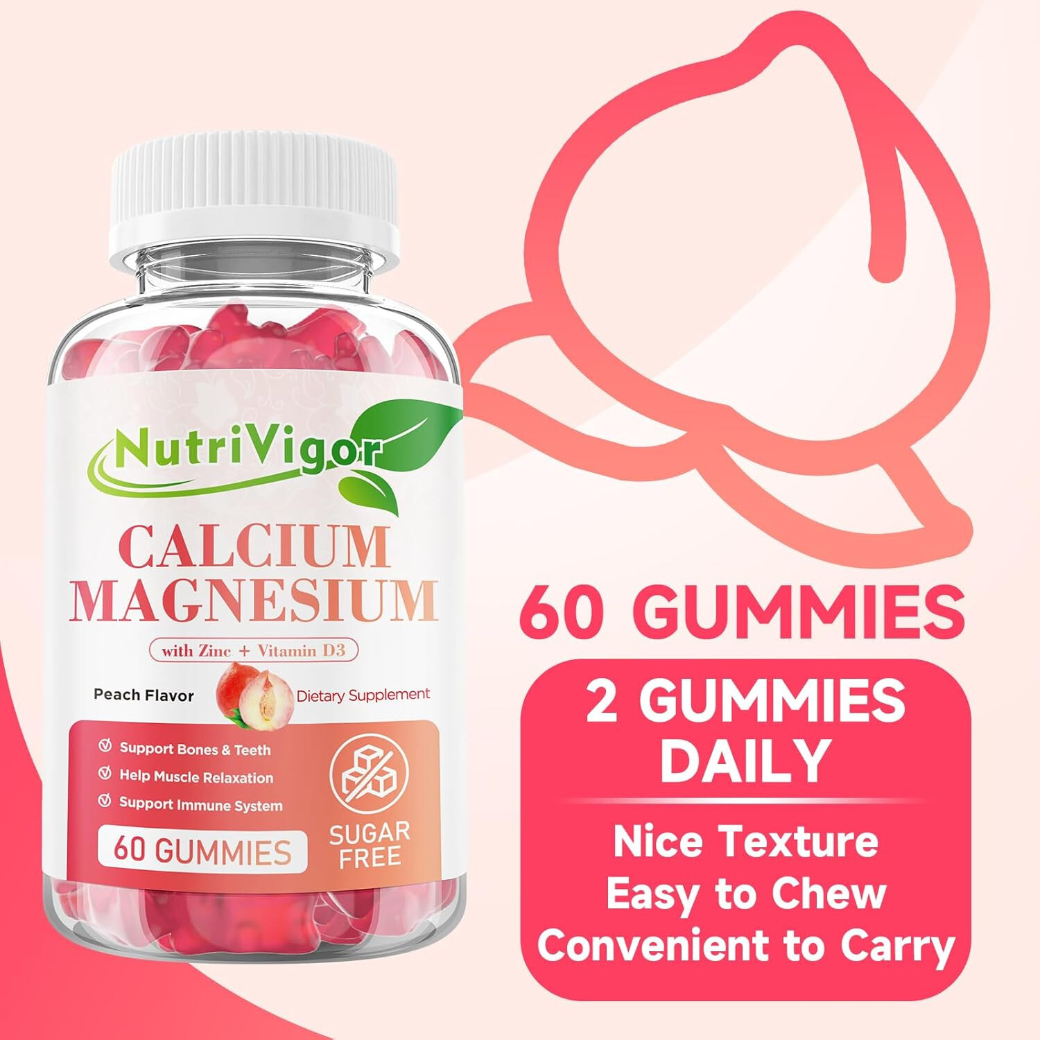 NutriVigor Calcium & Magnesium Gummies with Vitamin D3 and Zinc ~ Sugar-Free