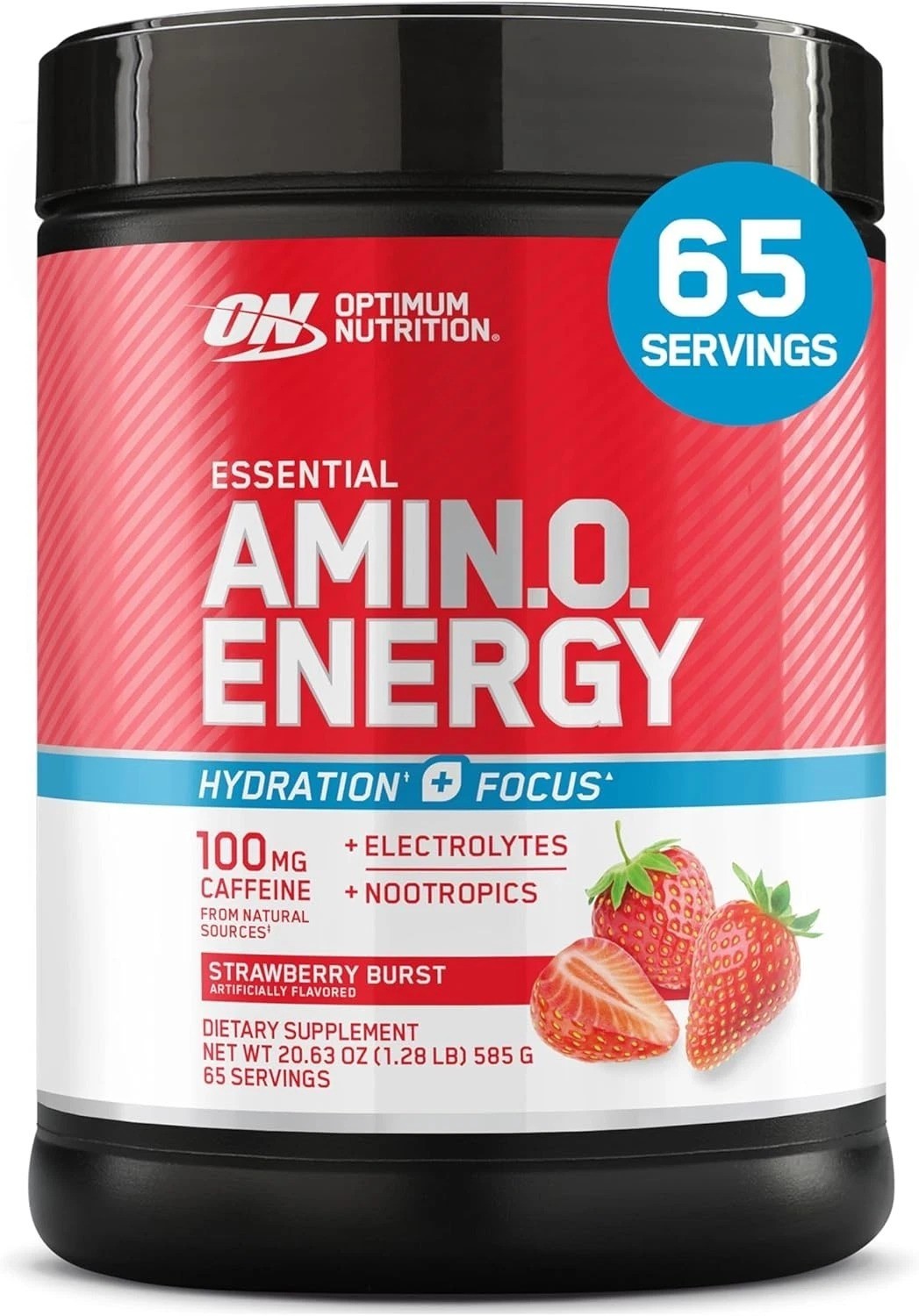 Amino Energy Powder Plus Focus, with BCAA, Electrolytes, and Caffeine, Strawb…