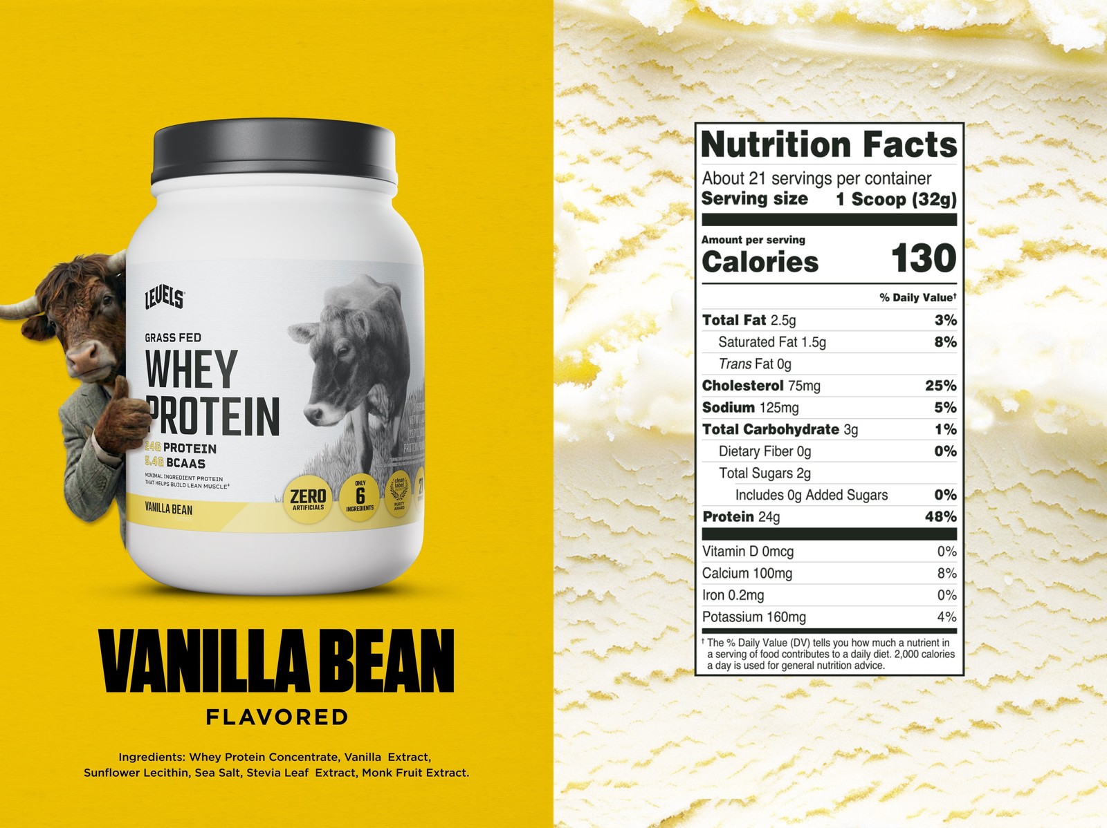 Levels Grass Fed Whey Protein Powder, No Artificials,24G of Protein,Vanilla Bean