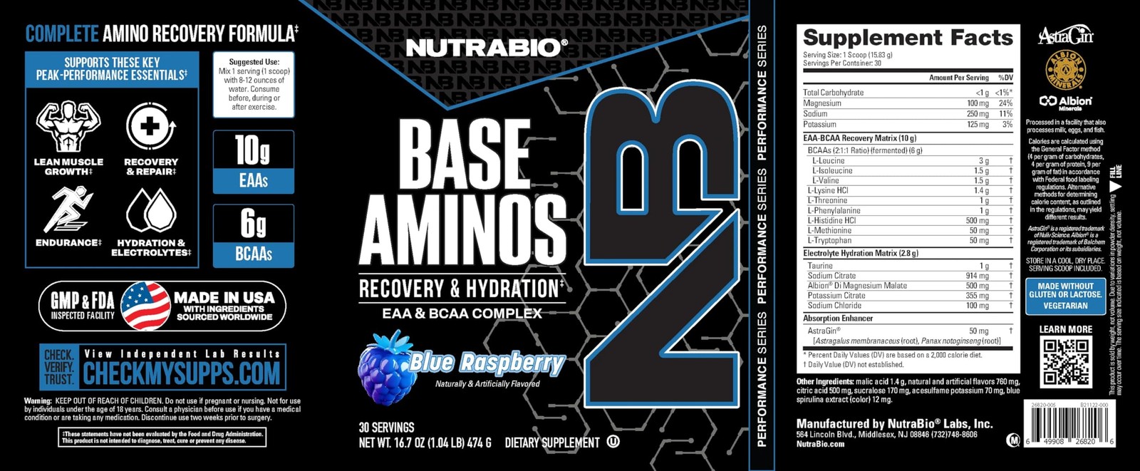 NutraBio Base Aminos EAA + BCAA Powder Blue Raspberry 30 Servings Hydration