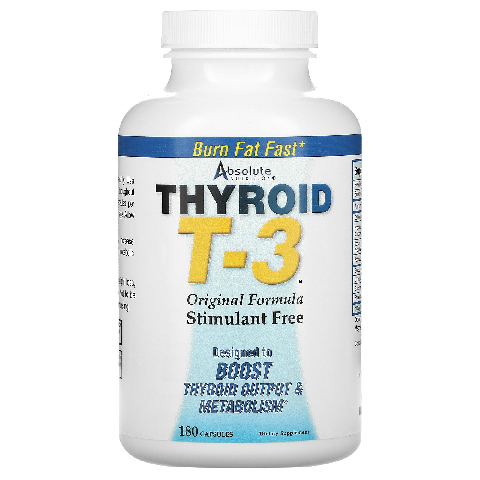 Absolute Nutrition Thyroid T-3 Original Formula 180 Capsules Caffeine-Free &