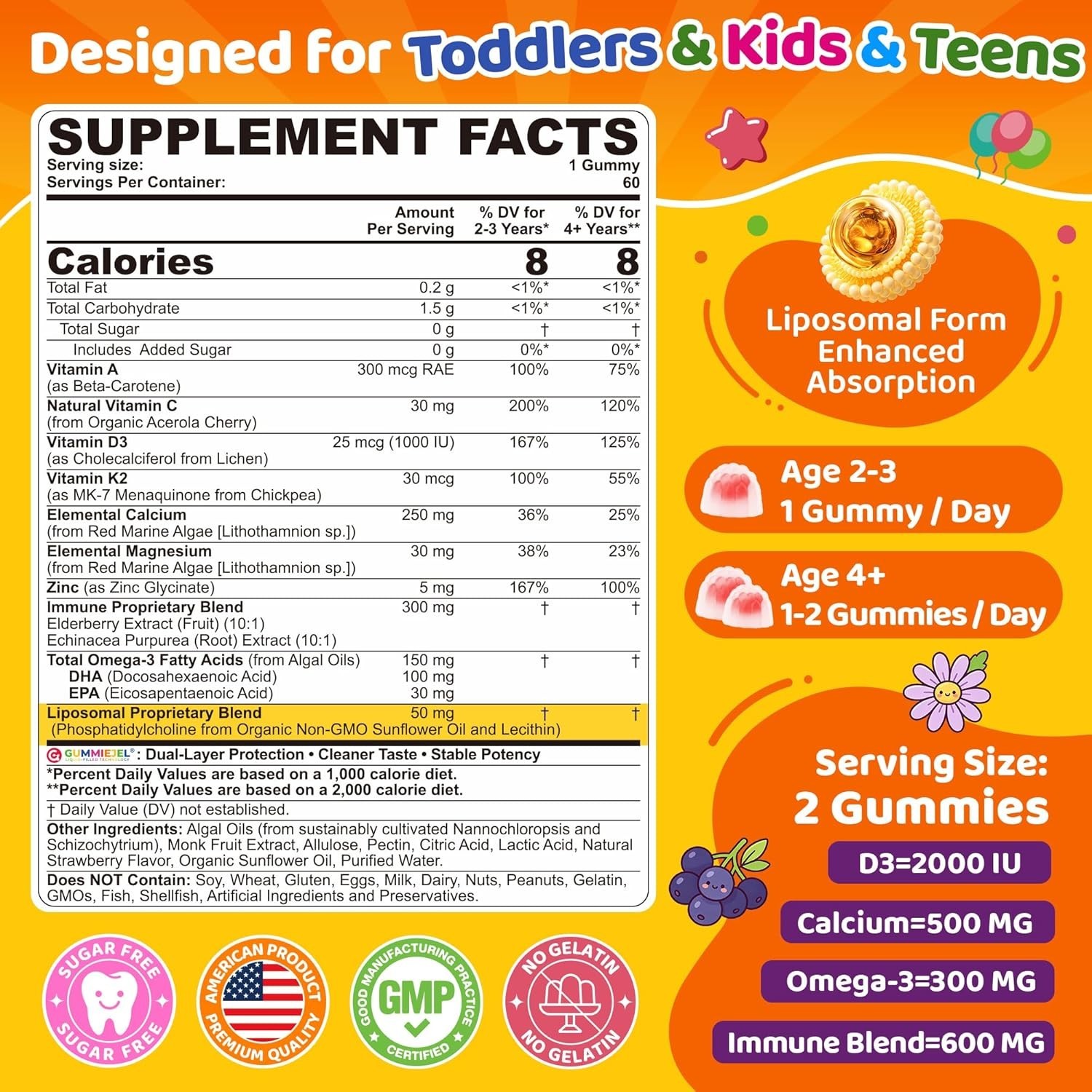 Toddler 2-3 & Kids Vitamin D3 K2 + Algae Calcium Filled Gummies, 1000 IU / 2000