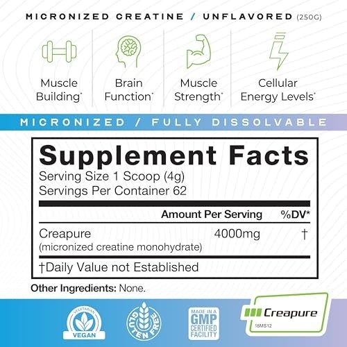 Micronized Creatine Monohydrate Powder Unflavored 250g 62 Servings Vegan Gluten