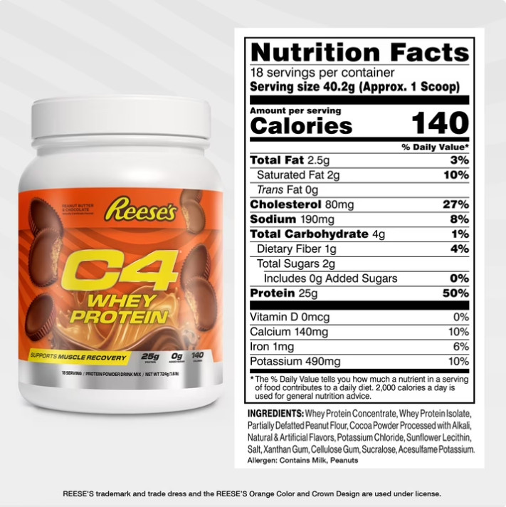 2 Pack C4 Whey Protein Powder, Reese’s Peanut Butter Cup Flavor, 18 Serv Pk