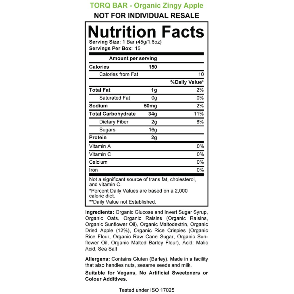 Torq Organic Zingy Apple Energy Bar – Vegan, Certified Organic, Low-Fat, & Moist